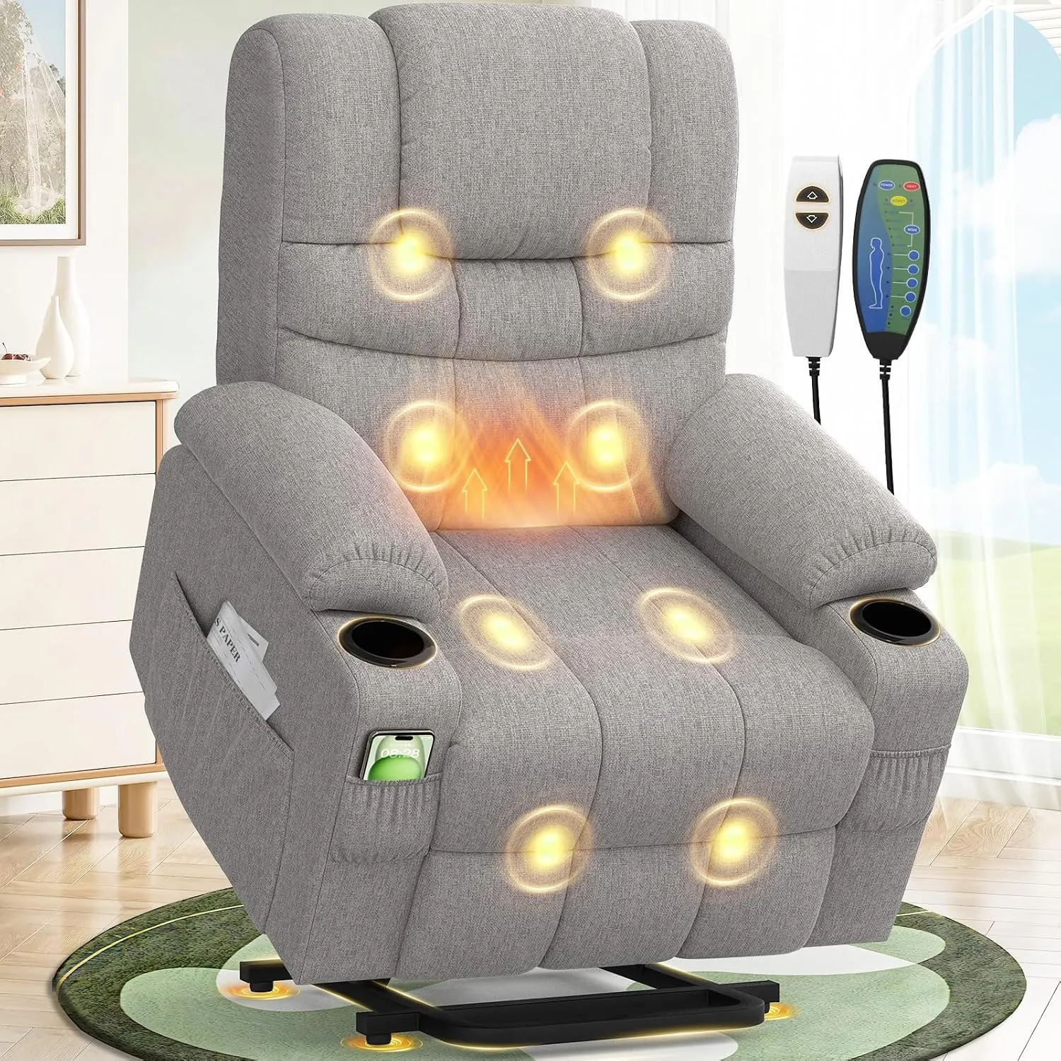 Fernsehsessel Relaxsessel mit 45°Aufstehhilfe, Elektrisch TV-Sessel Wohnzimmer-Sessel mit Massagefunktion & Lendenwirbe…
