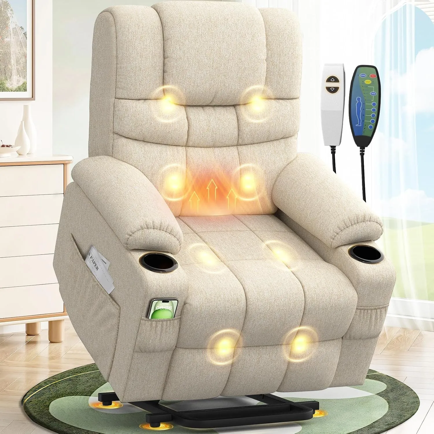 Fernsehsessel Relaxsessel mit 45°Aufstehhilfe, Elektrisch TV-Sessel Wohnzimmer-Sessel mit Massagefunktion & Lendenwirbe…