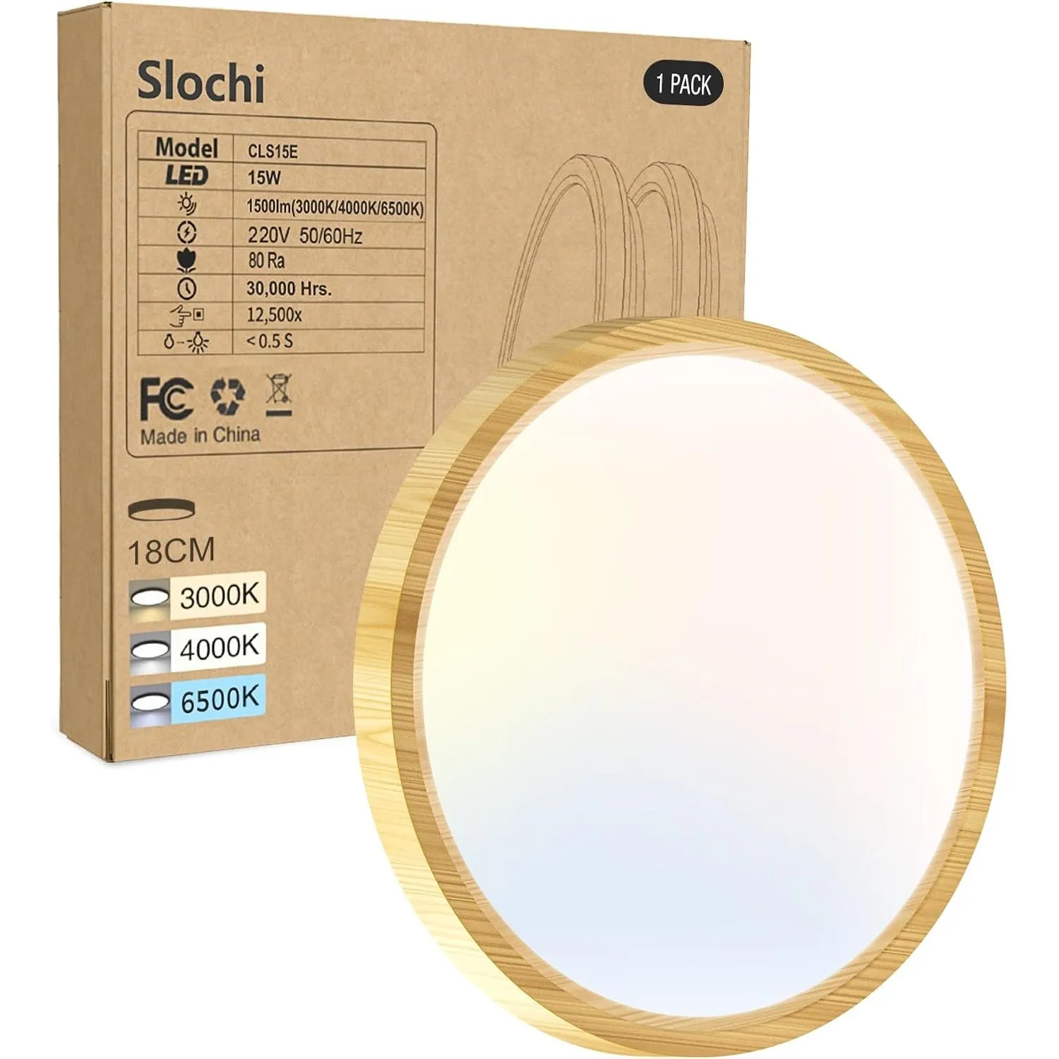 slochi Deckenlampe LED Deckenleuchte Flach, Ø18CM 3Farben 15W 1500LM Wooden