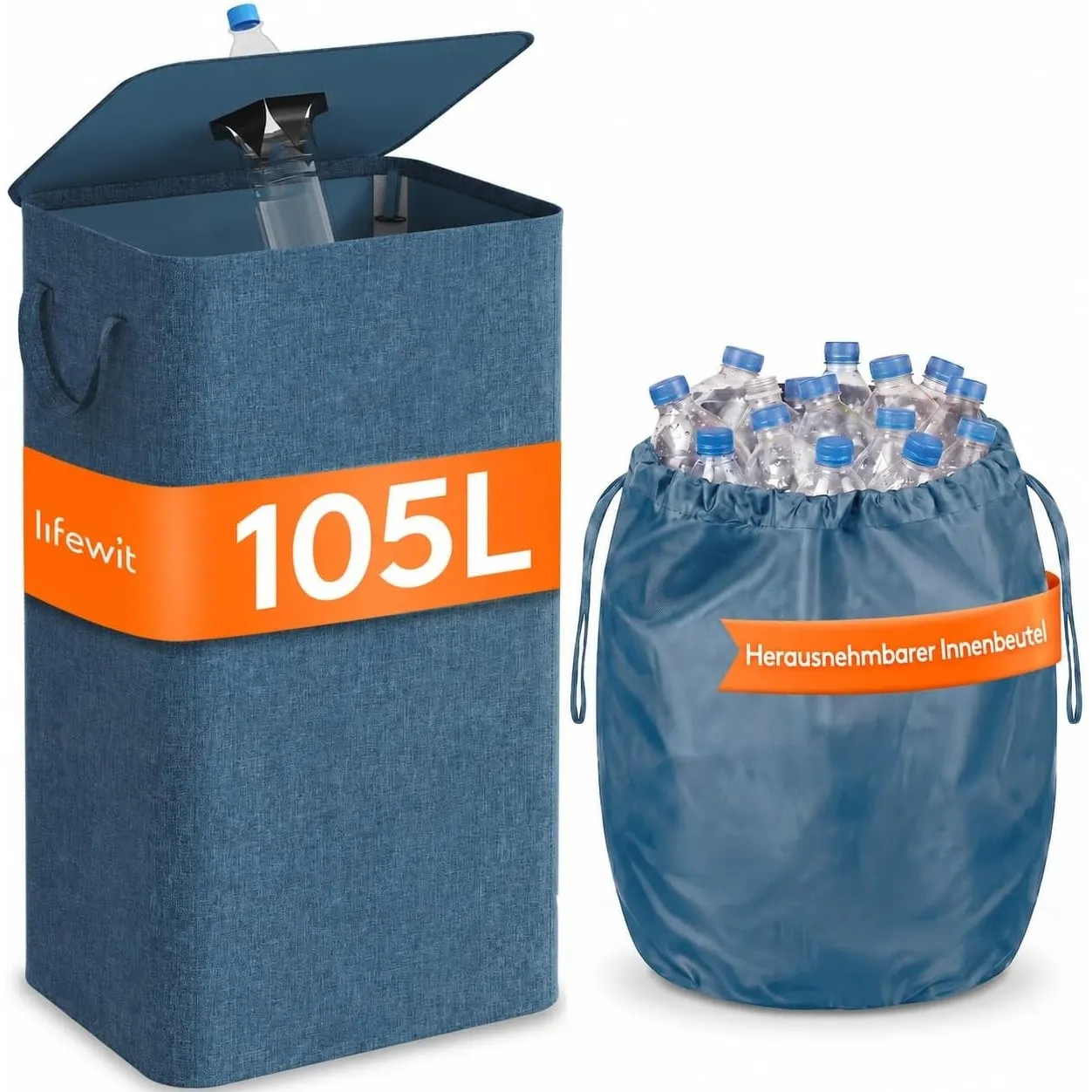 Lifewit 105L Pfandflaschen Sammelbehälter mit Deckel, Dunkelblau