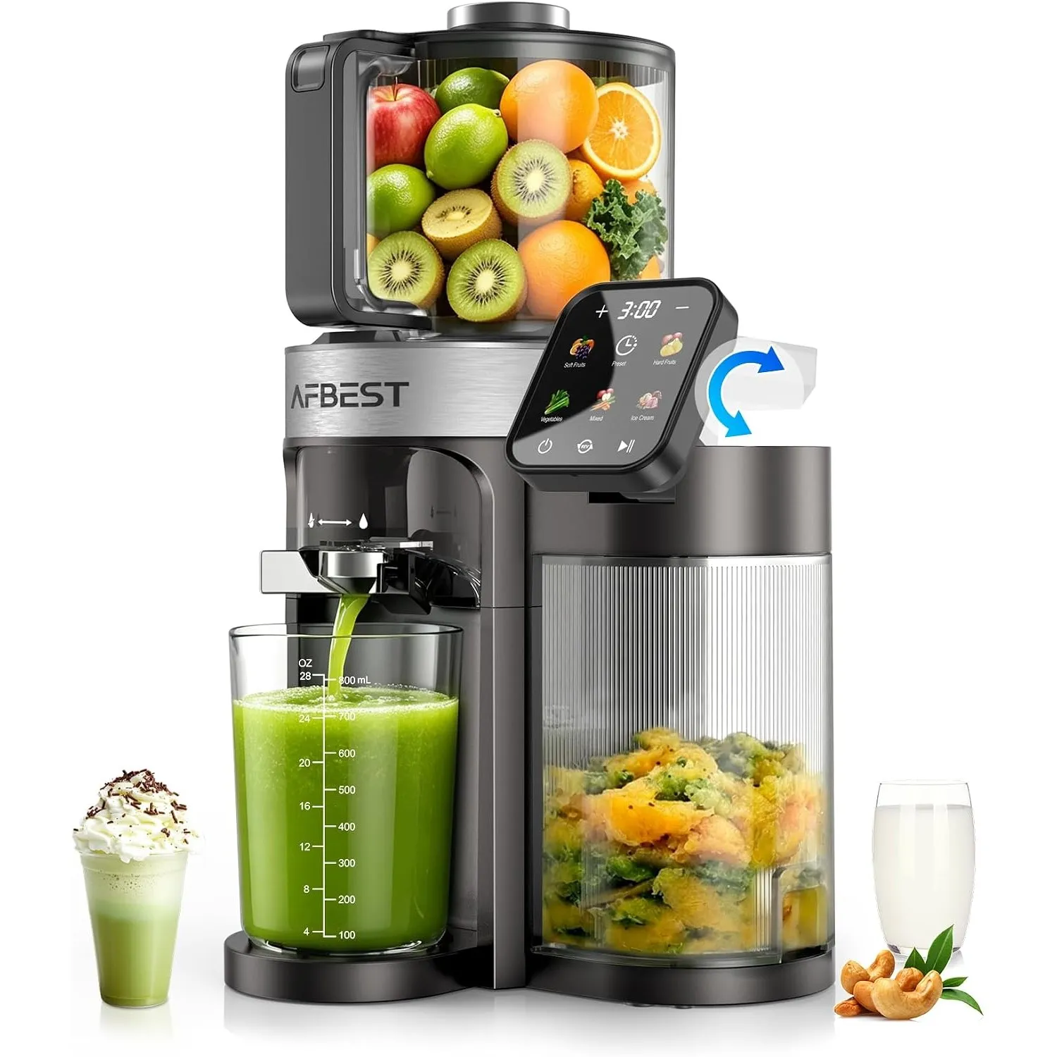 Verbesserter 3-in-1 Entsafter Slow Juicer, 155 mm XL- Einfüllschacht