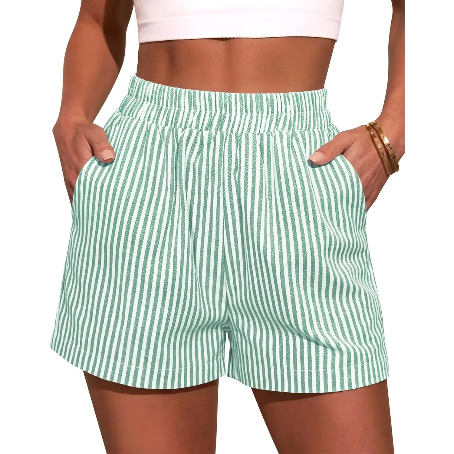 NONSAR Damen Sommer Shorts Striped Cotton Weiche Casual Kurze Hose Elastic Waist Lightweight Shorts with Pockets