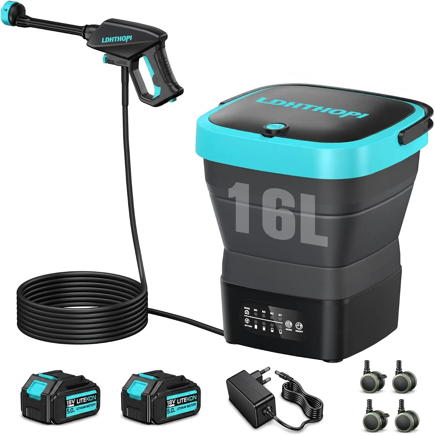 LDHTHOPI Akku Hochdruckreiniger mit 16L Wassertank, 51.7Bar 4 Druckstufen Kabelloser Druckreiniger 2×5000mAh Akku, für …