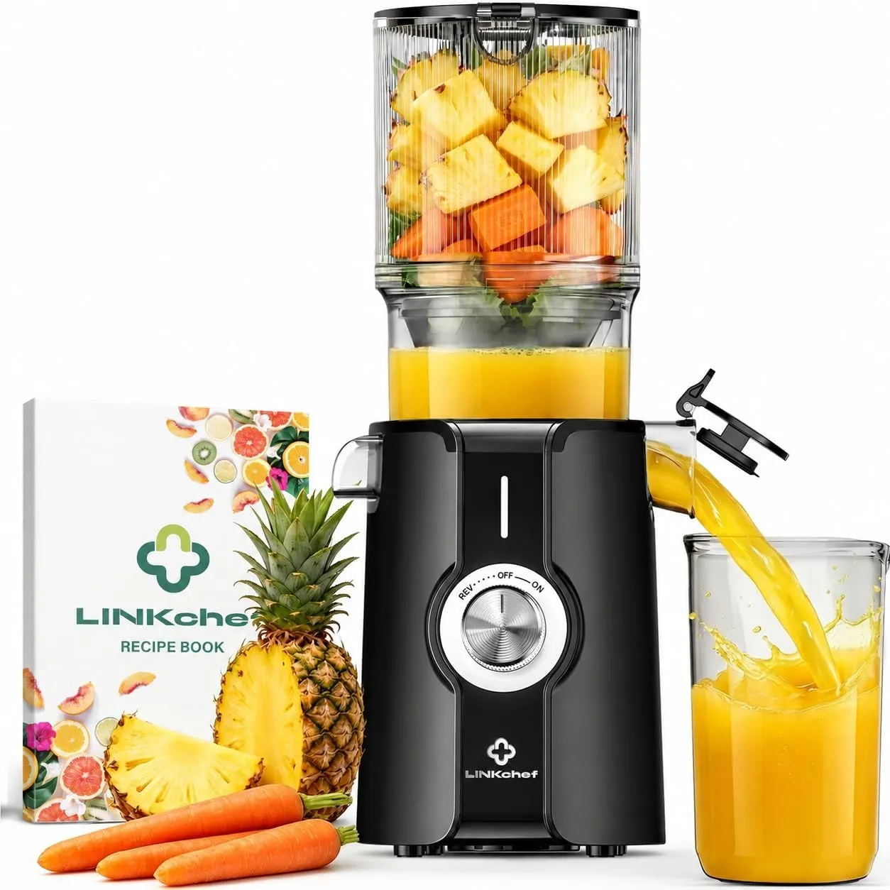 LINKChef Slow Juicer Entsafter Elektrisch, 200W Kaltentsafter mit 115mm Einfüllschacht für Ganze Früchte, 1,2L Entsafte…