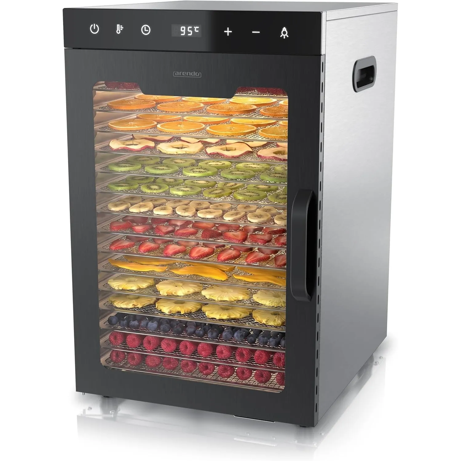 Arendo - Dörrautomat Edelstahl mit 16 Edelstahlgitter - 1000 Watt - 13400 cm² - 8 Programme - Dörrgerät Dehydrator Obst…