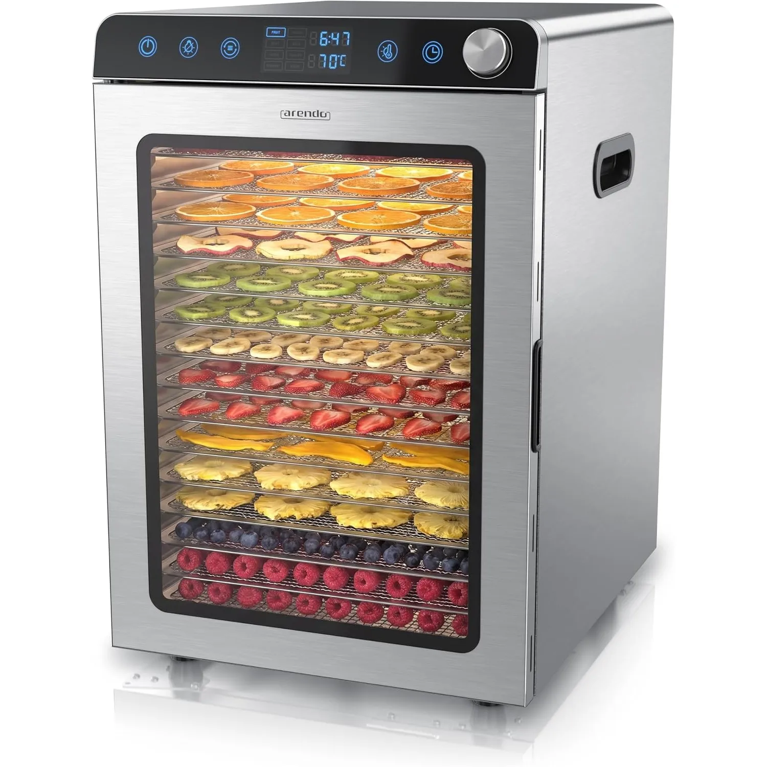 Arendo - Dörrautomat Edelstahl mit 16 Edelstahlgitter - 1000 Watt - 13400 cm² - 8 Programme - Dörrgerät Dehydrator Obst…