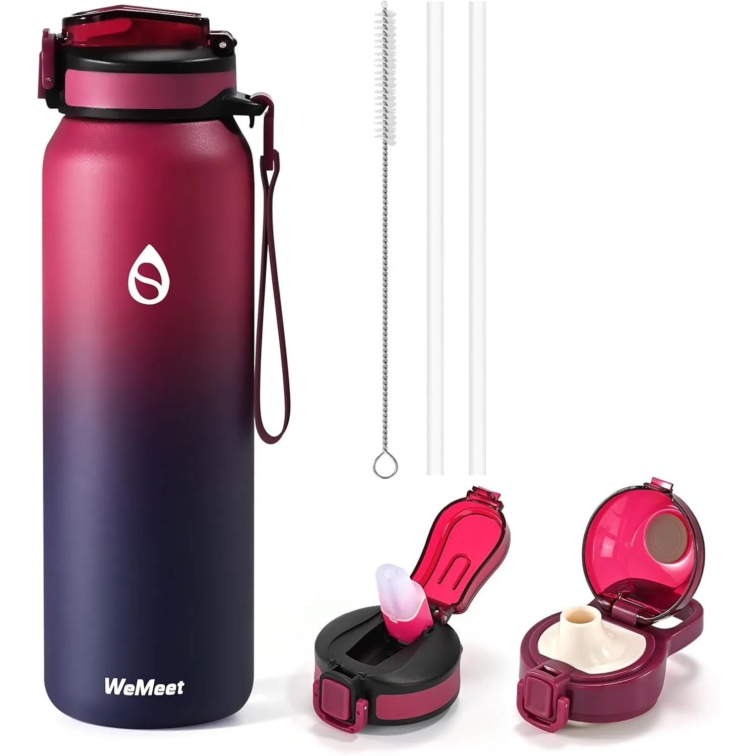 WEMEET 1000ml Auslaufsicher Doppelwandig Isolierflasche, BPA-frei, Trinkflasche mit Strohhalm, Einhandöffnung, für Spor…