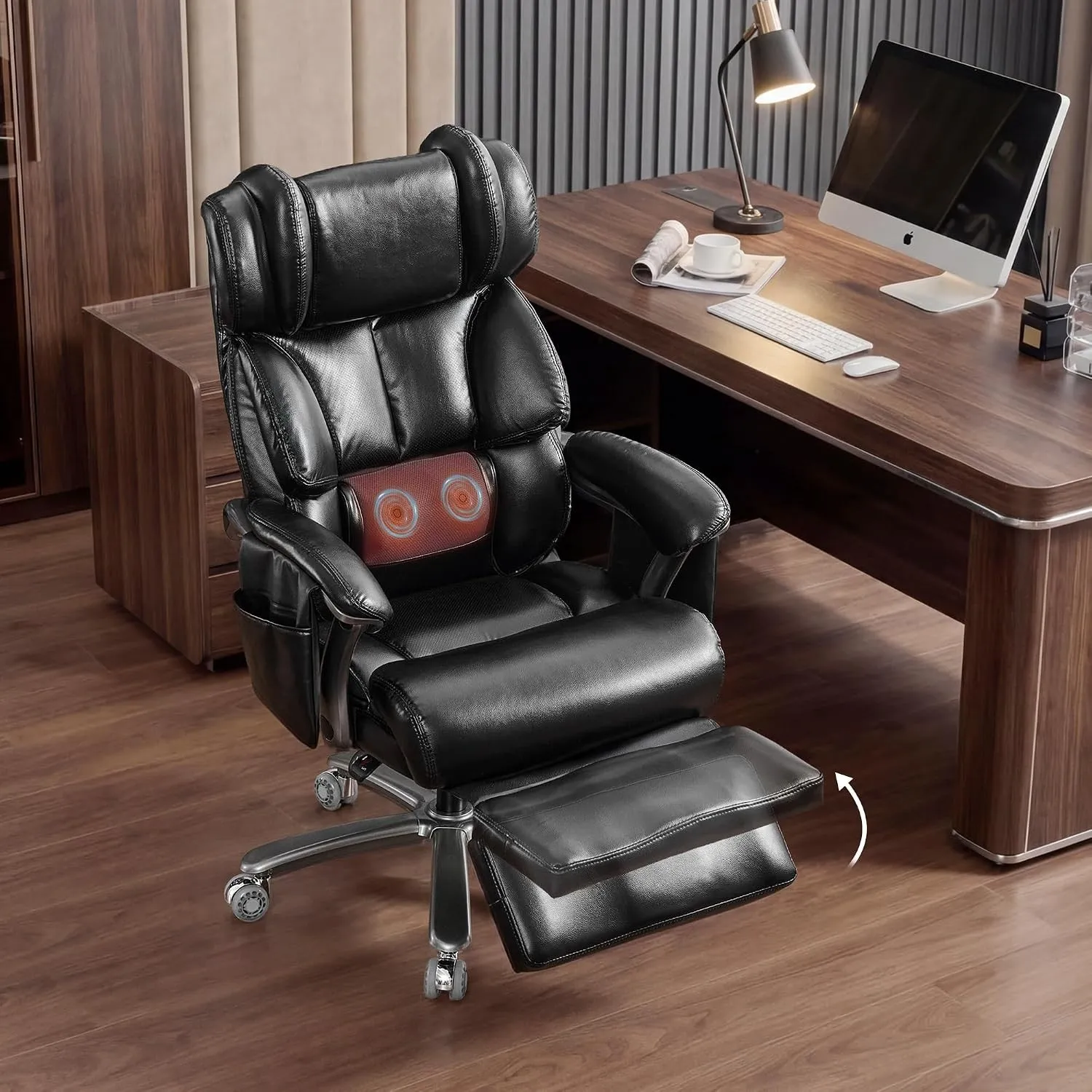 DEKKETO PU-Leder XXL Massage Chefsessel mit Fußstütze bis 225 kg, Schwarz
