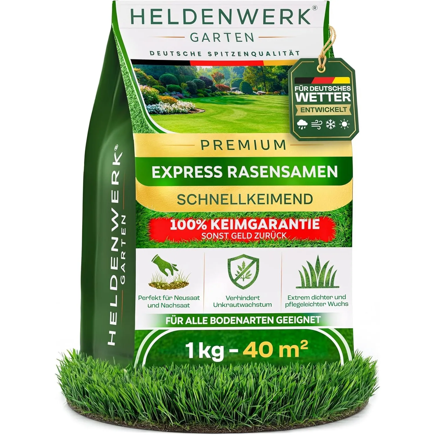 HELDENWERK® Rasensamen schnellkeimend Sommer 1kg / 40m² DEUTSCHES WETTER