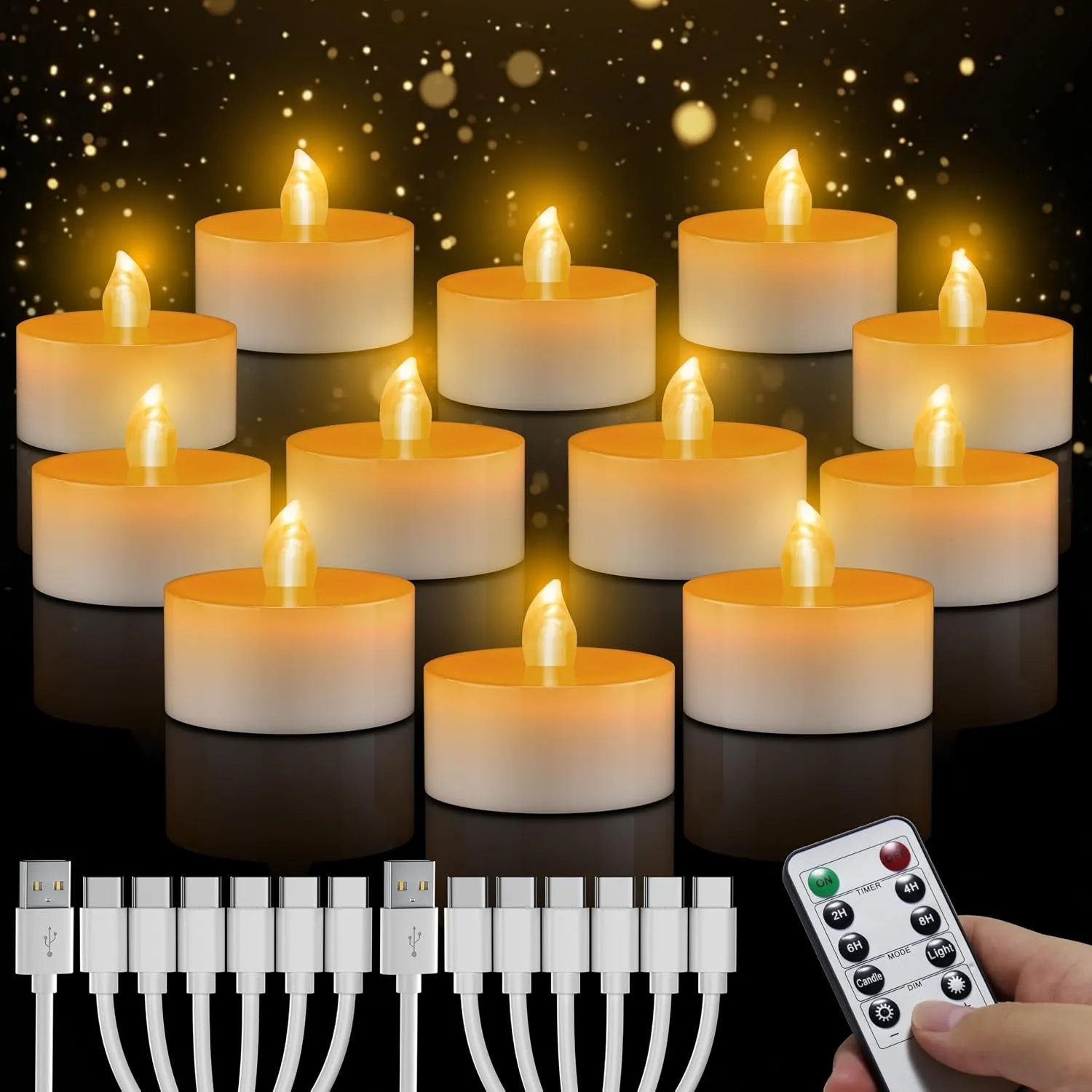 daphomeu LED Teelichter Wiederaufladbar, 12 Stück Flammenlose LED Kerzen mit Fernbedienung, Timer-Funktion, USB Aufladb…