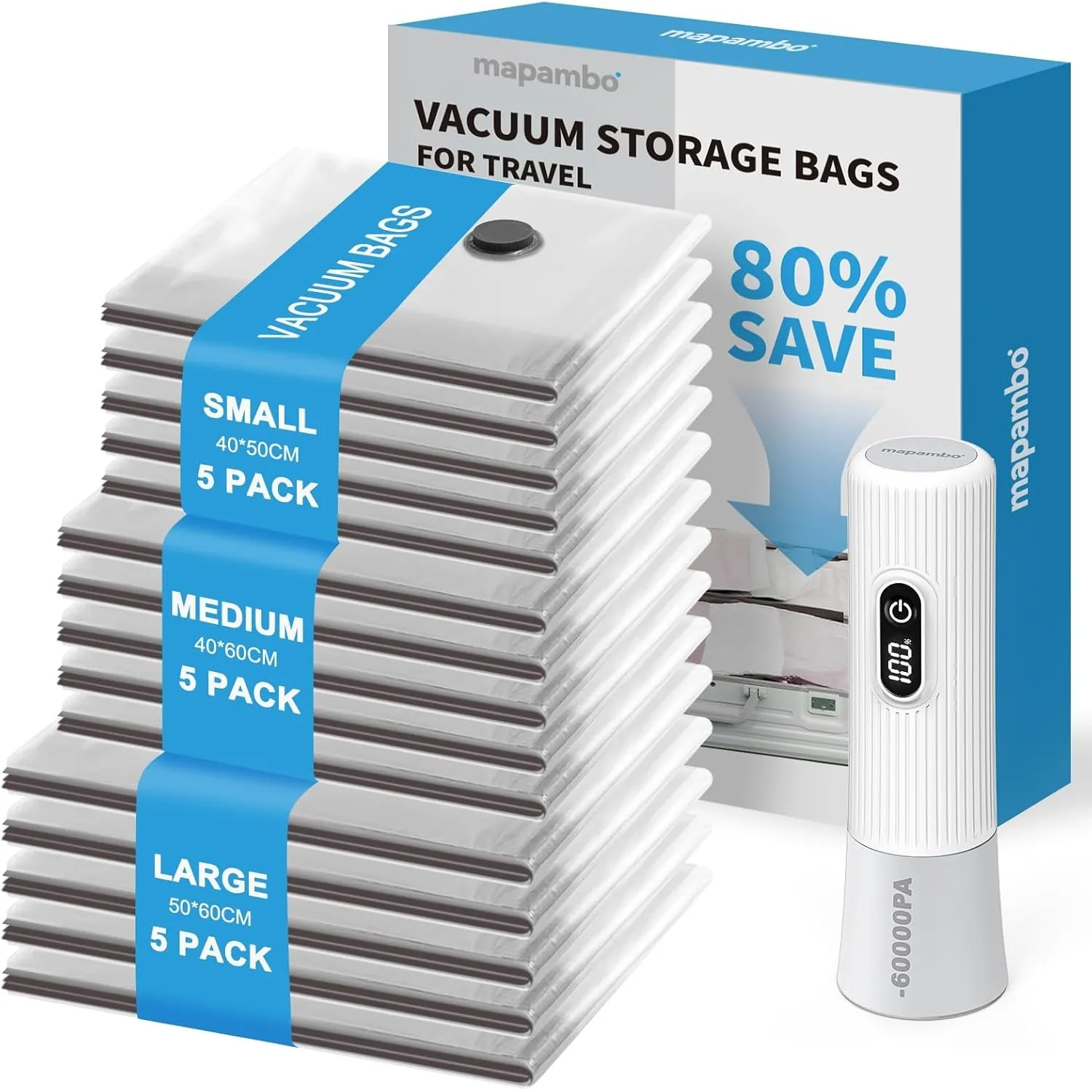 Reise Vakuumbeutel für Kleidung mit Kabellose Elektrischer -60000Pa Pumpe, 15 Stück Vacuum Storage Bags in 3 Größen(40 …