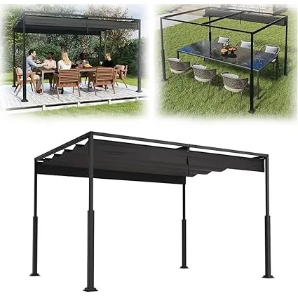 Metall Pergola mit Schiebedach, 3x4 m Pavillon Stabil Terrassenüberdachung Sonnenschutz überdachung Freistehend Gartenp…