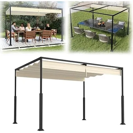 Metall Pergola mit Schiebedach, 3x4 m Pavillon Stabil Terrassenüberdachung Sonnenschutz überdachung Freistehend Gartenp…