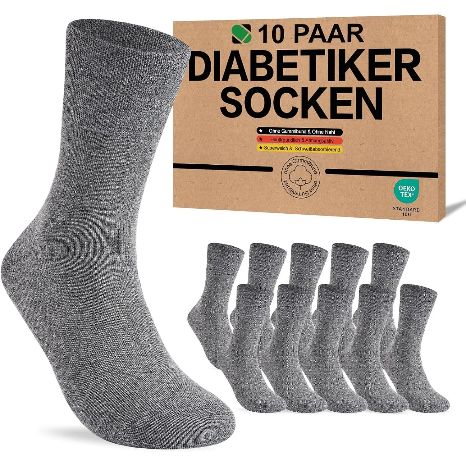 SukModen Diabetikersocken für Herren und Damen, 10 Paar, ohne Gummibund