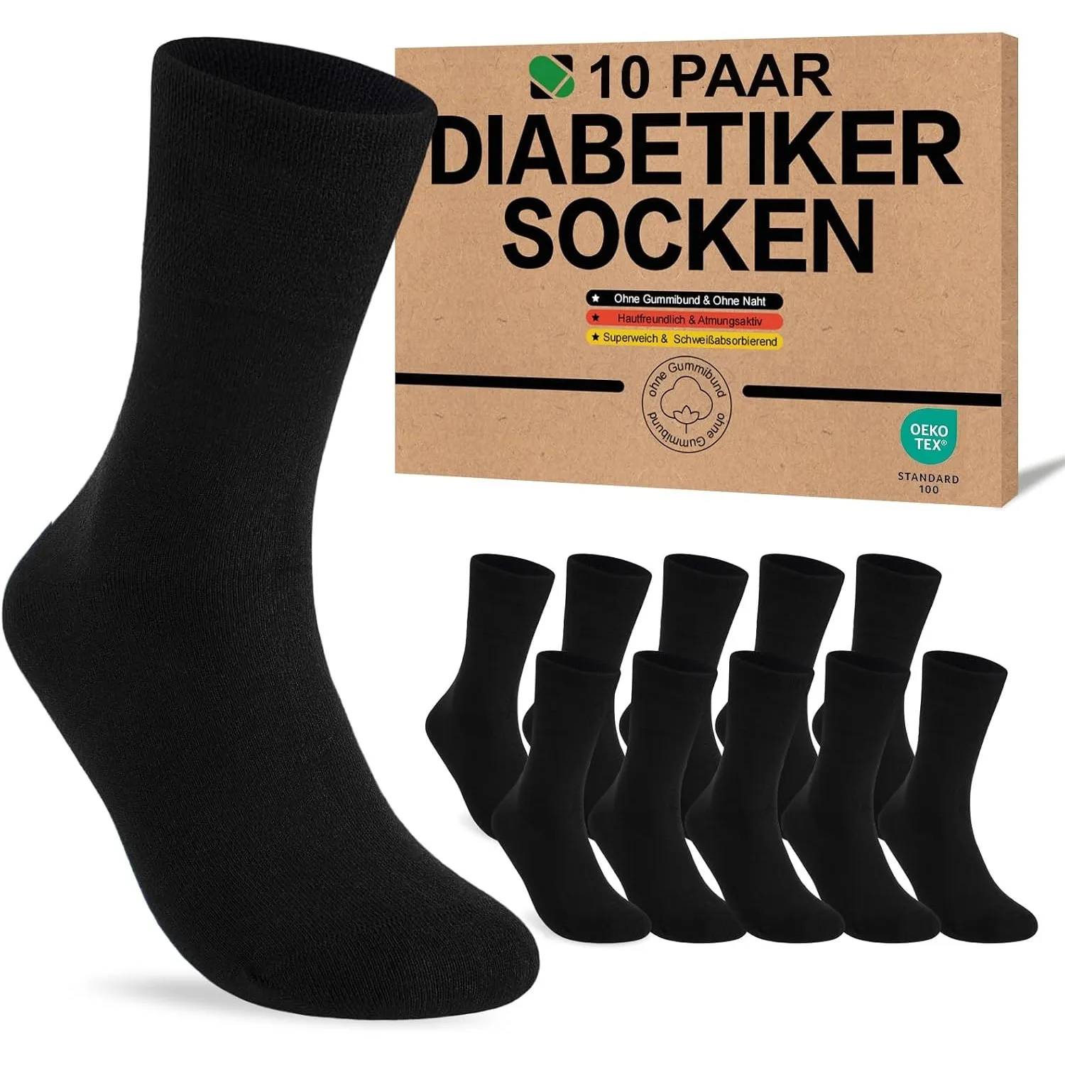 SukModen Diabetikersocken für Herren und Damen, 10 Paar, ohne Gummibund