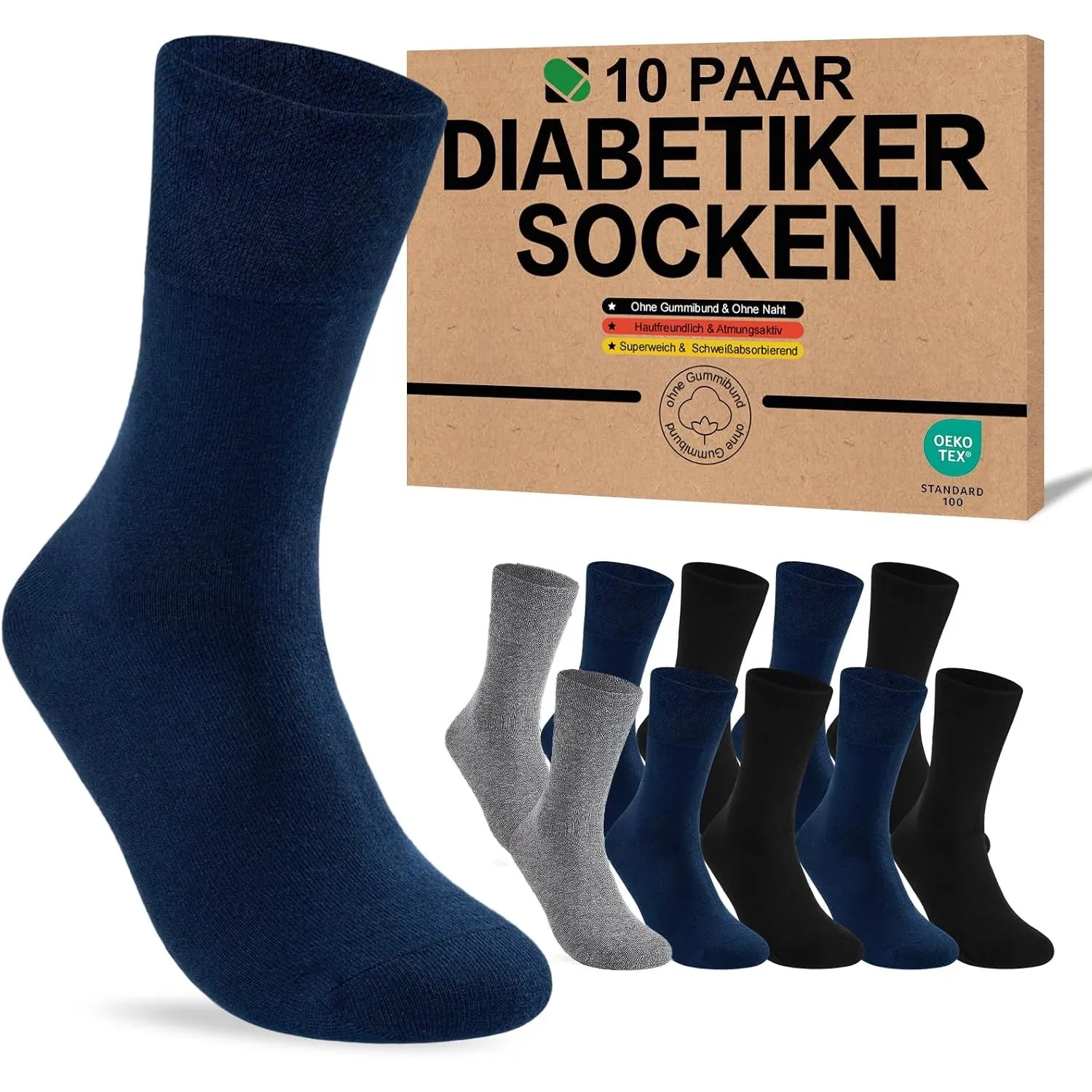 SukModen Diabetikersocken für Herren und Damen, 10 Paar, ohne Gummibund