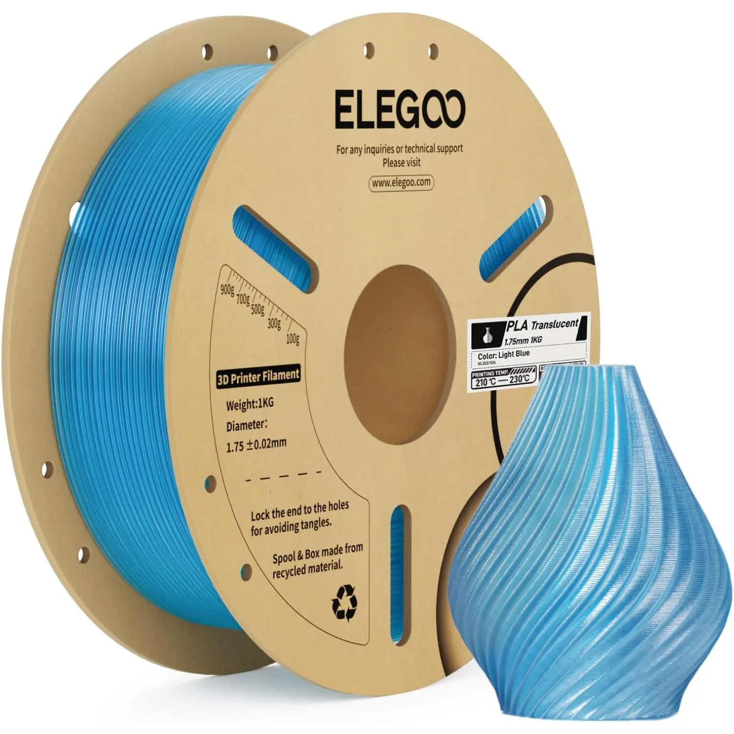 ELEGOO PLA Filament 1.75mm, 3D Drucker Filament PLA Transluzent Blau 1KG