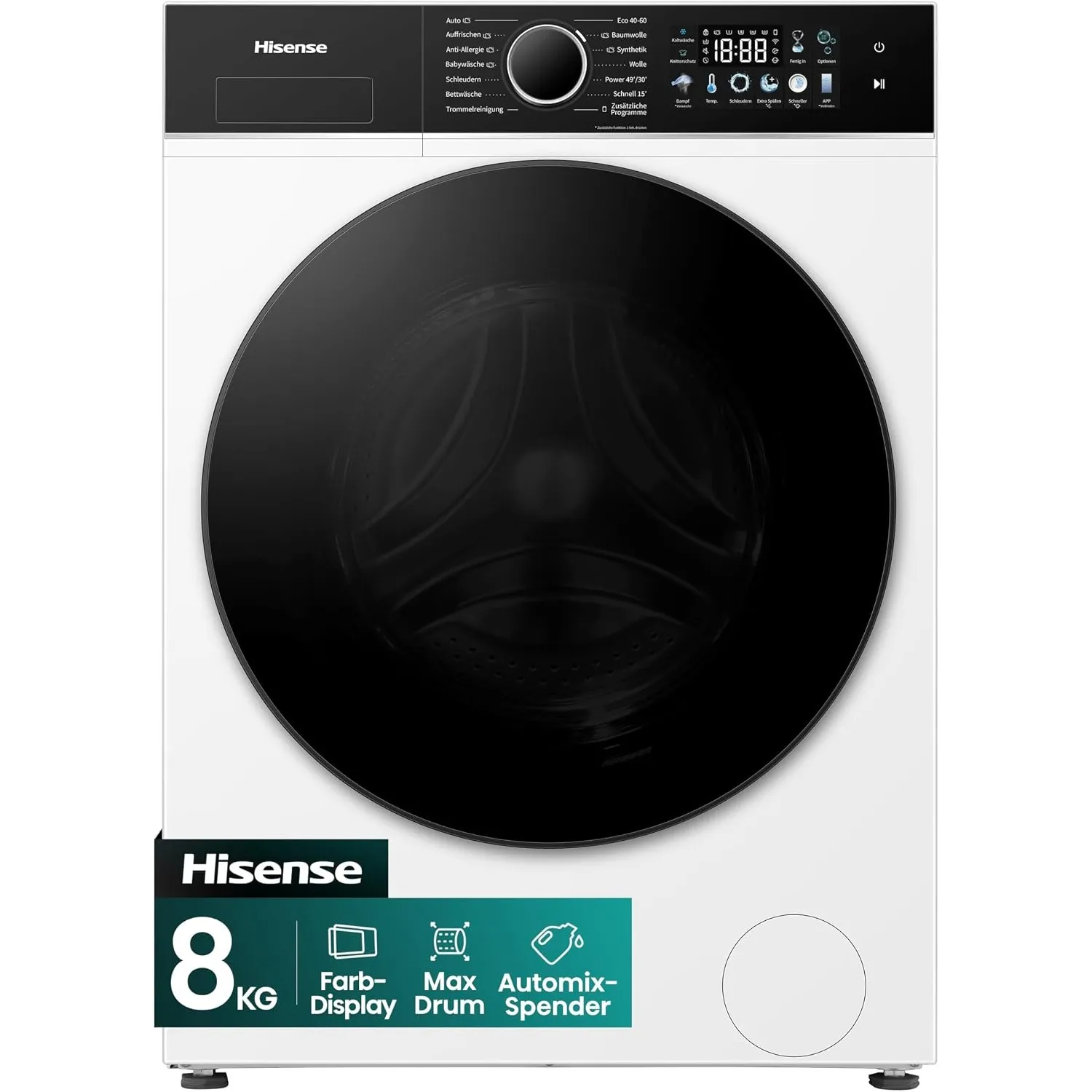 Hisense WF3I8043BWFAQ Waschmaschine mit Dampffunktion, 8 kg, 1400 U/Min, 18 Programme, iFit™, Automix-Spender, Max Drum…