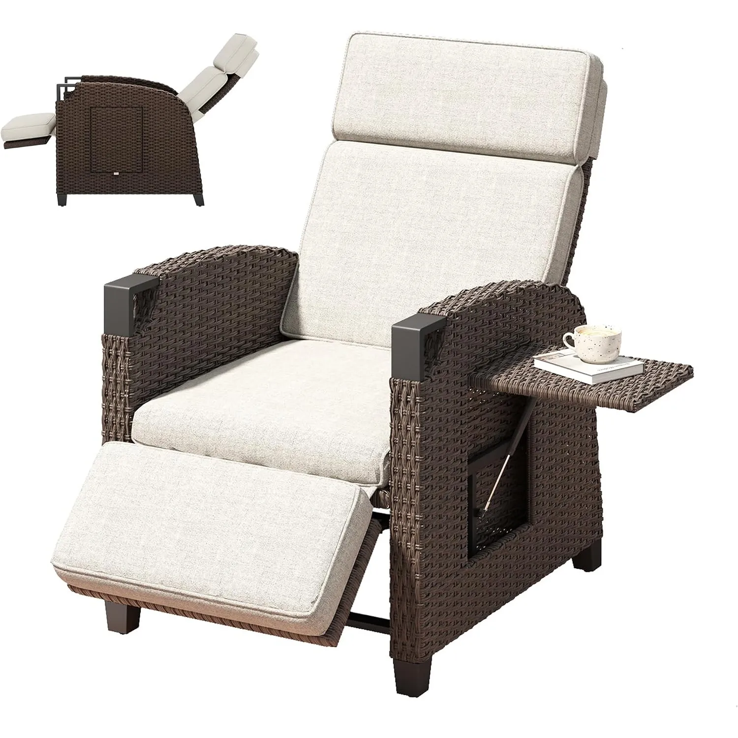 Amopatio Relaxliege Liegesessel, Rattan Sonnenliege mit Verstellbar Rückenlehne und Klapptisch, Outdoor Gartensessel we…