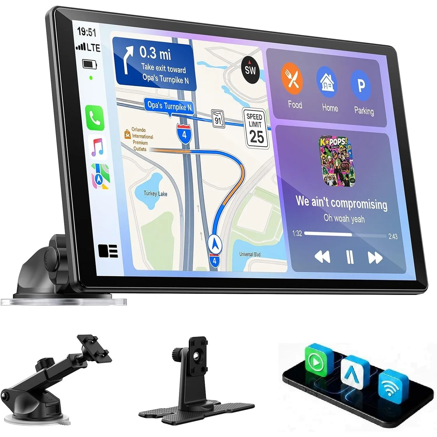 LAMTTO 2026 Upgrade 10.1 Zoll Wireless Carplay Display mit Apple CarPlay und Android Auto, Tragbares Car Play Touchscre…