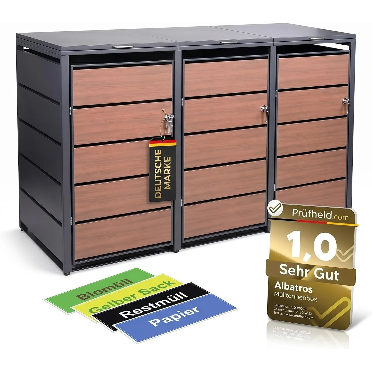 ALBATROS Mülltonnenbox 3er Holzdekor | Metall, 120-240L, abschließbar