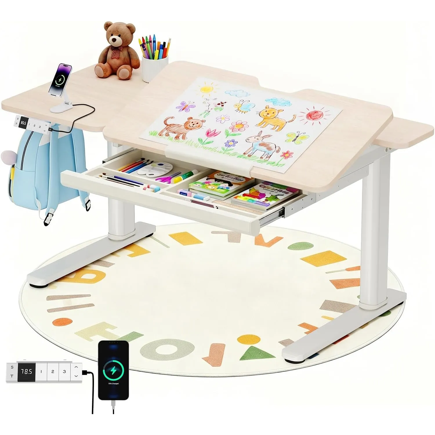 Devoko Kinderschreibtisch Höhenverstellbar, Schreibtisch Kinder 120 x 60 cm | Elektrisch Schreibtisch mit neigbarer Tis…