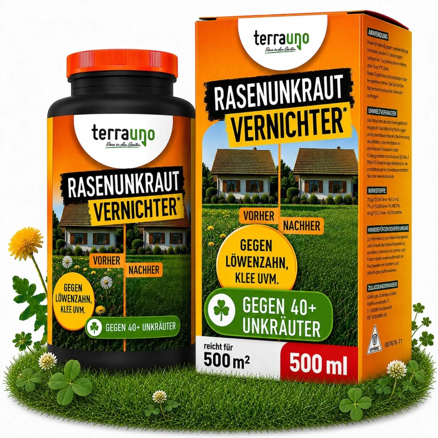 TerraUno Unkrautvernichter Rasen 500 ml, Flüssiges Unkrautvernichtungsmittel extra stark, gegen über 40 Unkräuter, Löwe…