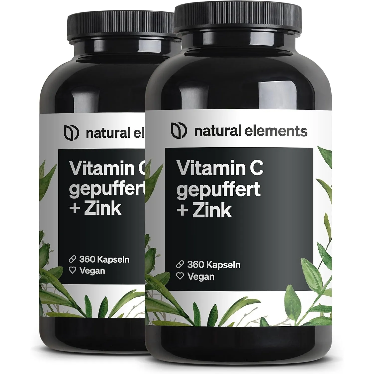 natural elements Vitamin C (2er Set) - 2x 360 Kapseln - Hochdosiert mit 1000mg + 15mg Zink - Pflanzlich fermentiert & g…