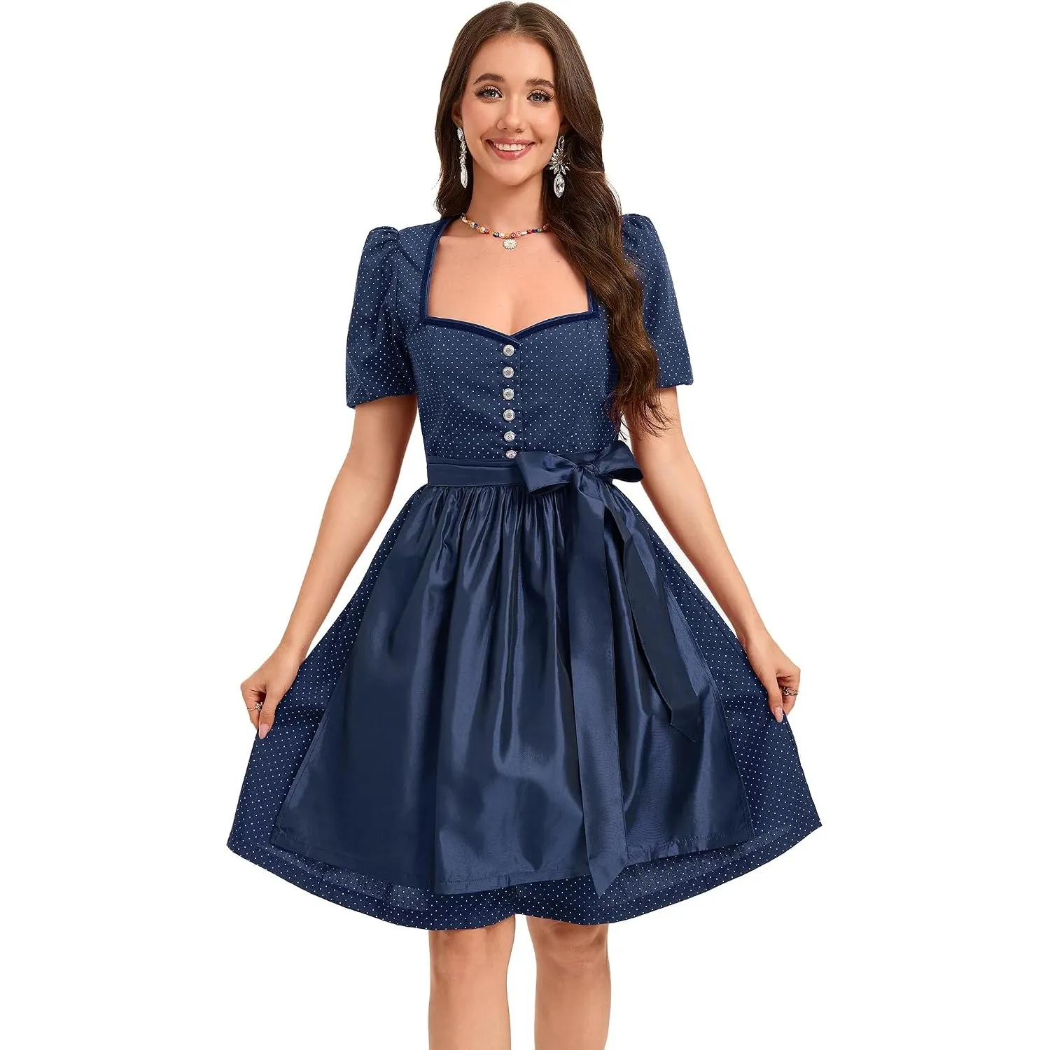 YesFashion Dirndl Damen Baumwolle Trachtenkleid 2-Teilig mit Gepunktetem Kleid und unifarbener Schürze – Klassisches Di…