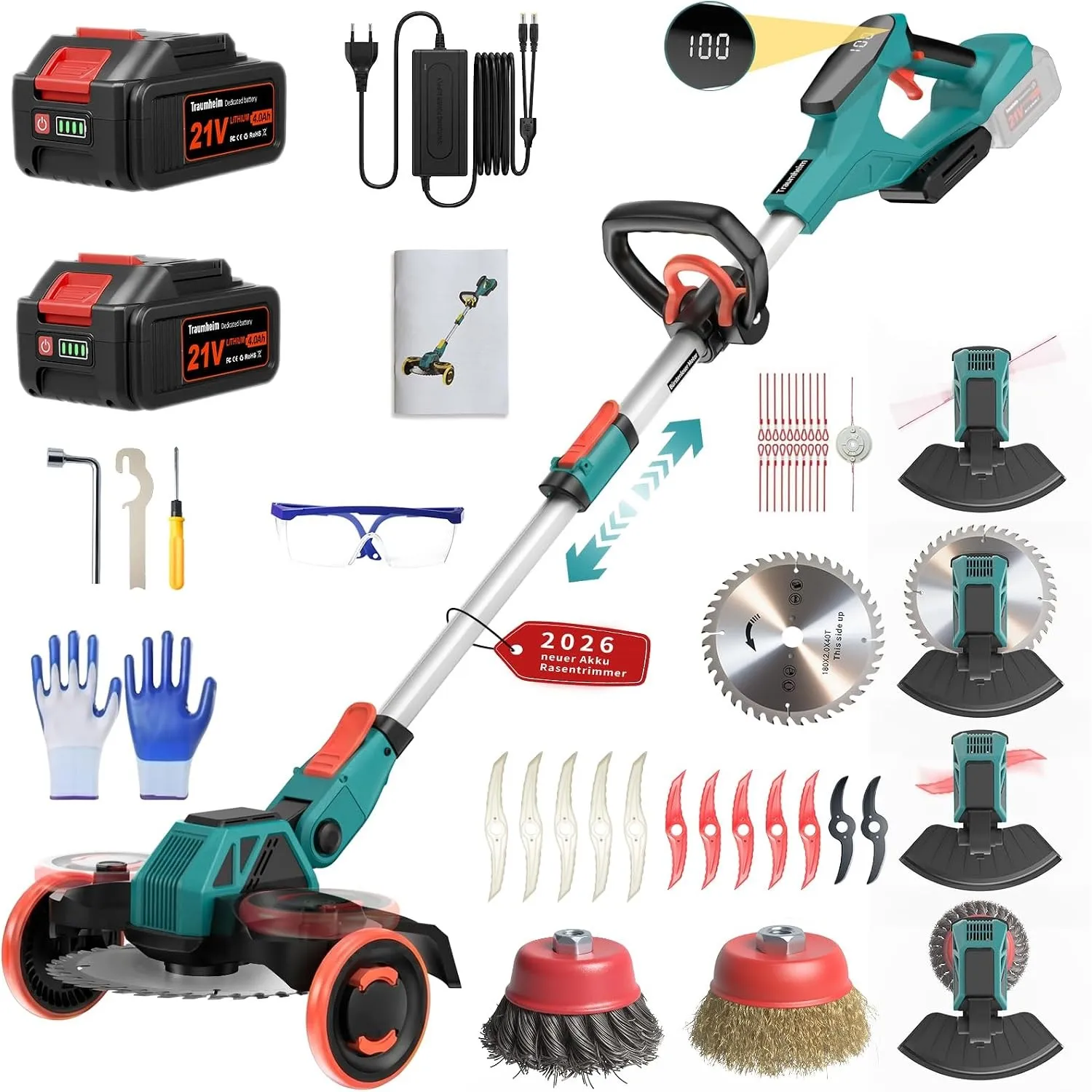 Rasentrimmer mit Akku, 21V Akku Rasentrimmer für Makita Akku, Rasentrimmer mit Unkrautbürste, 2 * 4.0Ah 5 in 1 Rasentri…