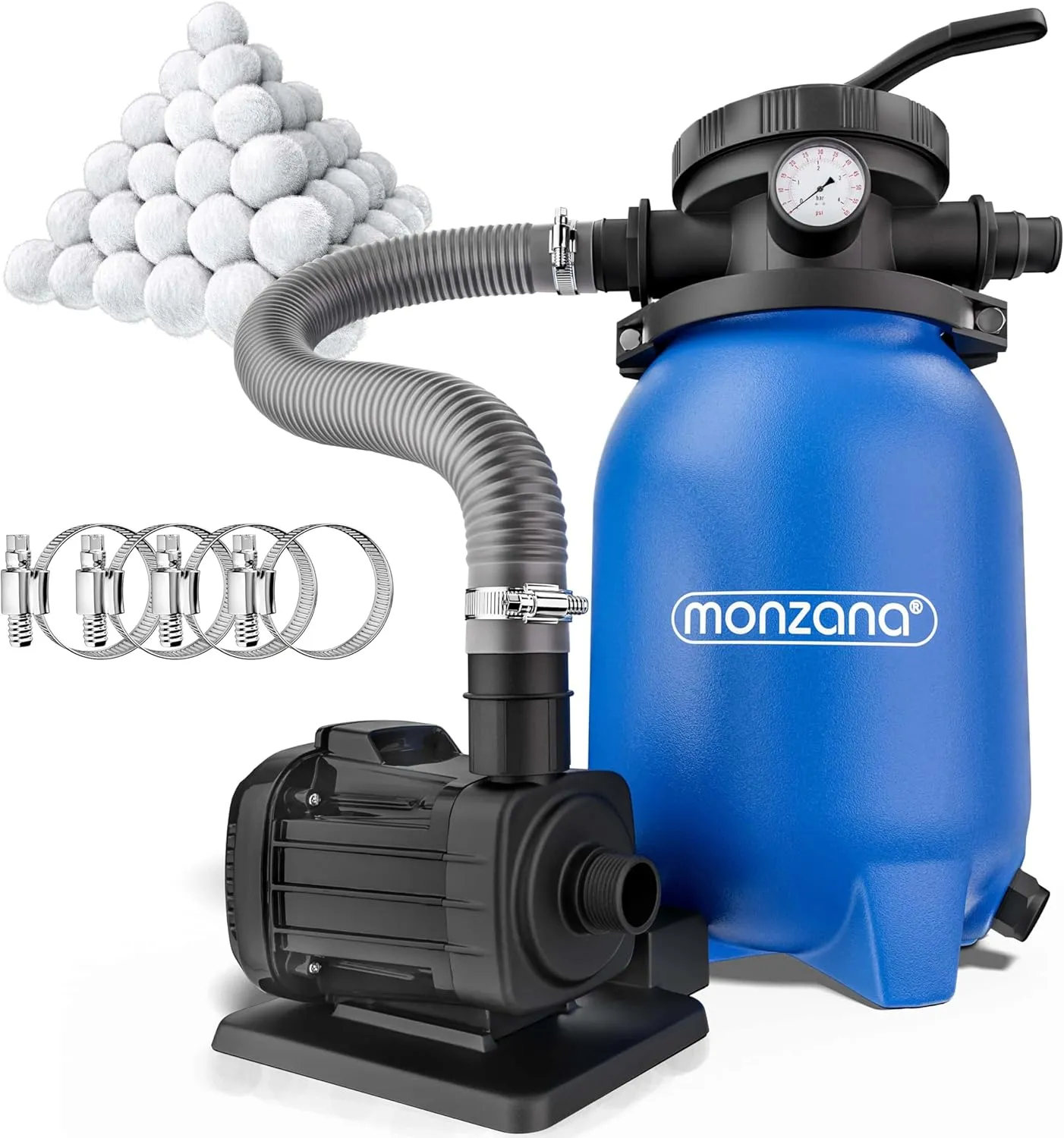 MONZANA® Sandfilteranlage MZPF180 5000 l/h bis 15.000L Pool mit Filterbällen 7 Wege Ventil 2in1 Adapter Ø32-38mm 180W F…
