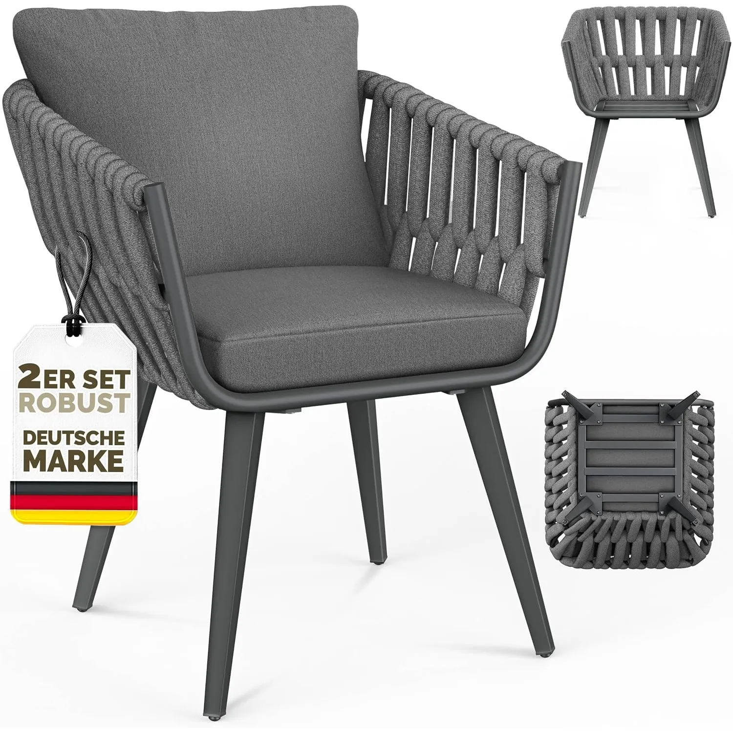 tillvex® Gartenstuhl 2er Set Wetterfest mit Armlehne & Kissen bis 160kg