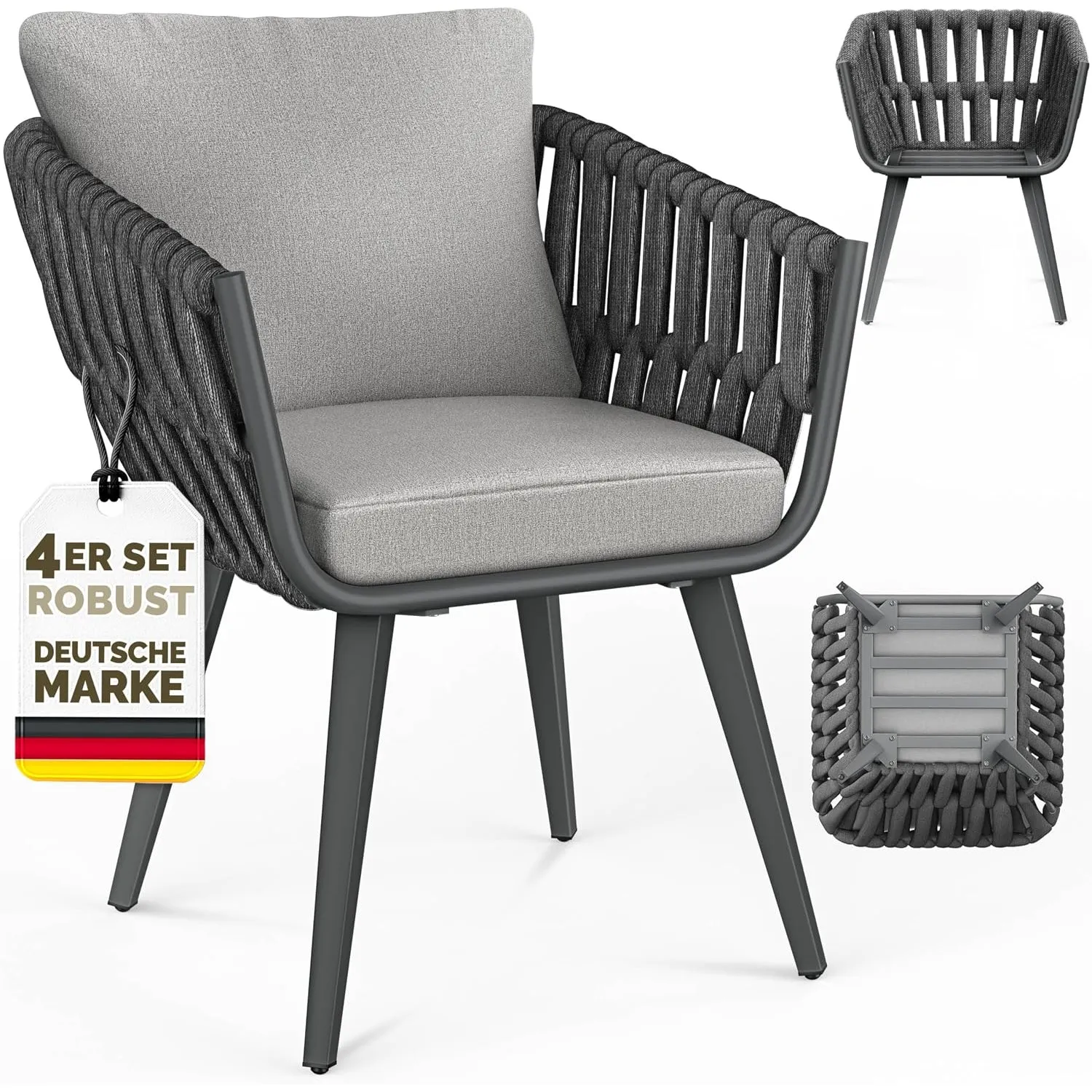 tillvex® Gartenstuhl 4er Set Wetterfest mit Armlehne & Kissen bis 160kg