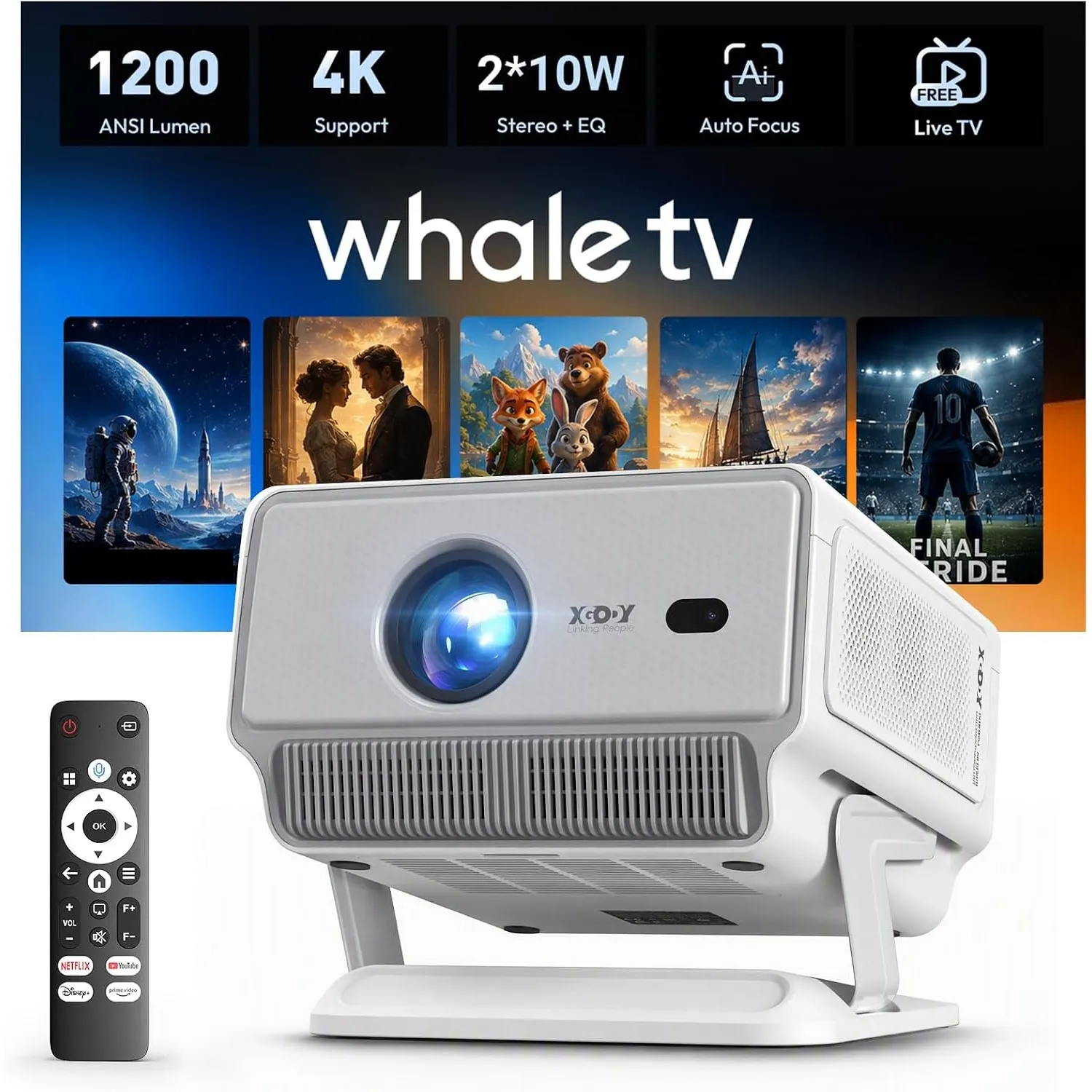 Xgody N8 Smart Beamer, 1200 ANSI Native FHD 1080P, 4K Unterstützt