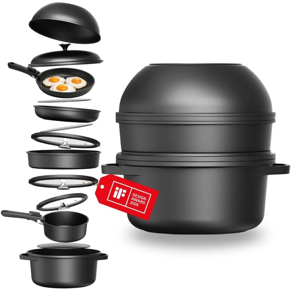 Topfset Induktion 16-teilig, Töpfe, stapelbar, abnehmbarer Griff