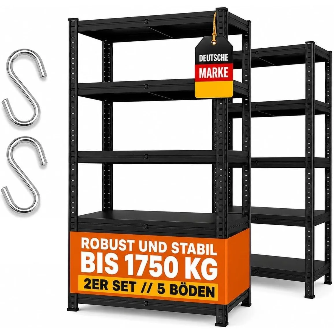 ALBATROS SR2B Schwerlastregal Schwarz 2er | 180x90x40cm, 875kg, 5 Ebenen