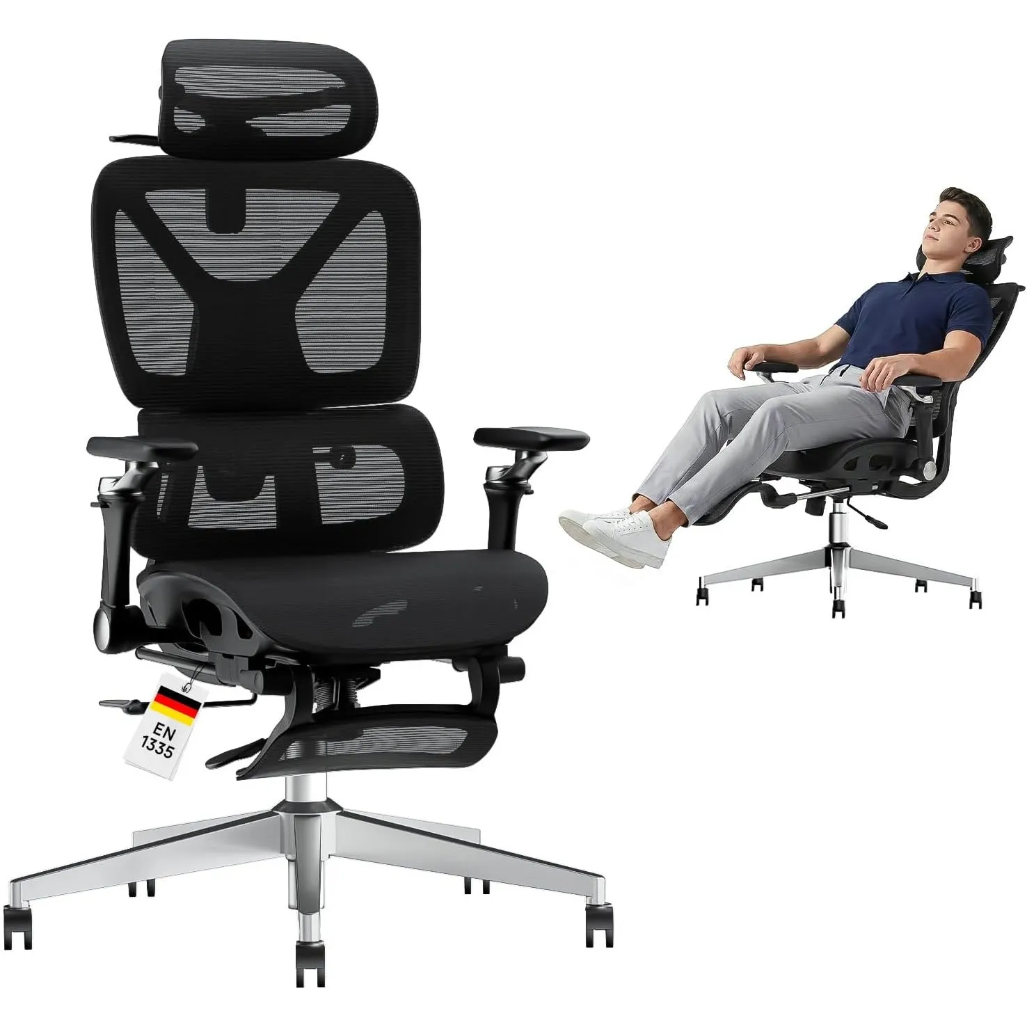 Ergonomischer Bürostuhl mit 6D Armlehnen Lordosenstütze Schwarz