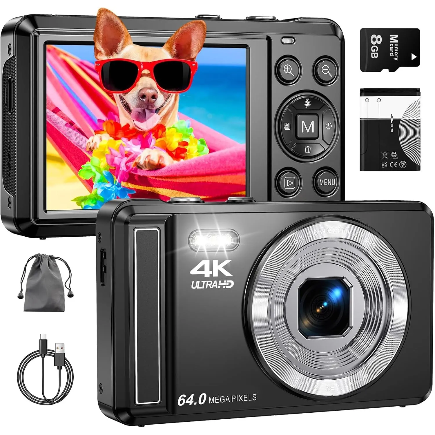 4K 64MP Digitalkamera mit Mikro-SD-Karte, Autofokus Fotoapparat mit 16X Digitalzoom Tragbar Kompaktkamera mit 1200mAh B…