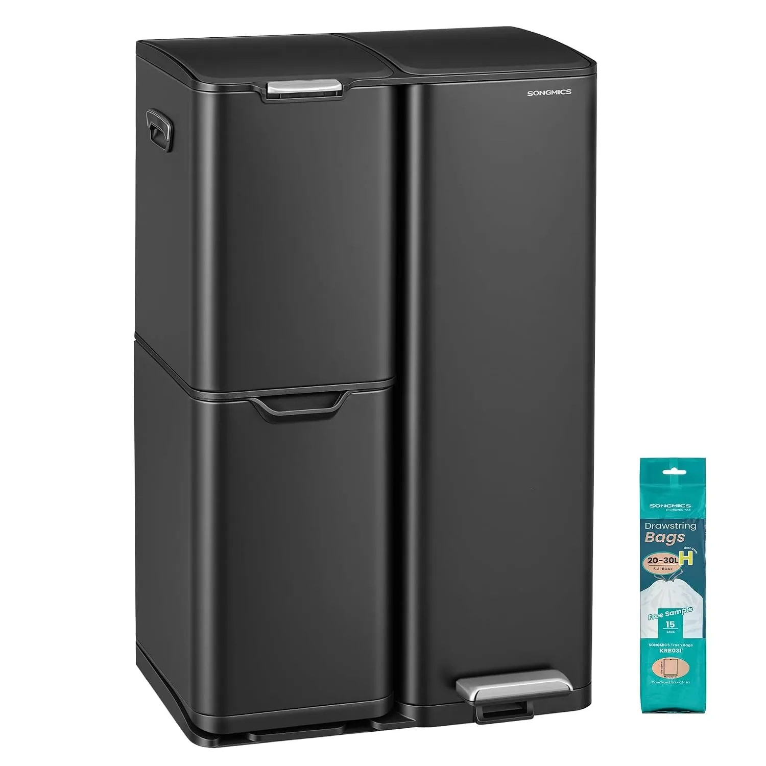SONGMICS Mülleimer, Mülltrennsystem mit Deckel, 3 Fächer, 60 L