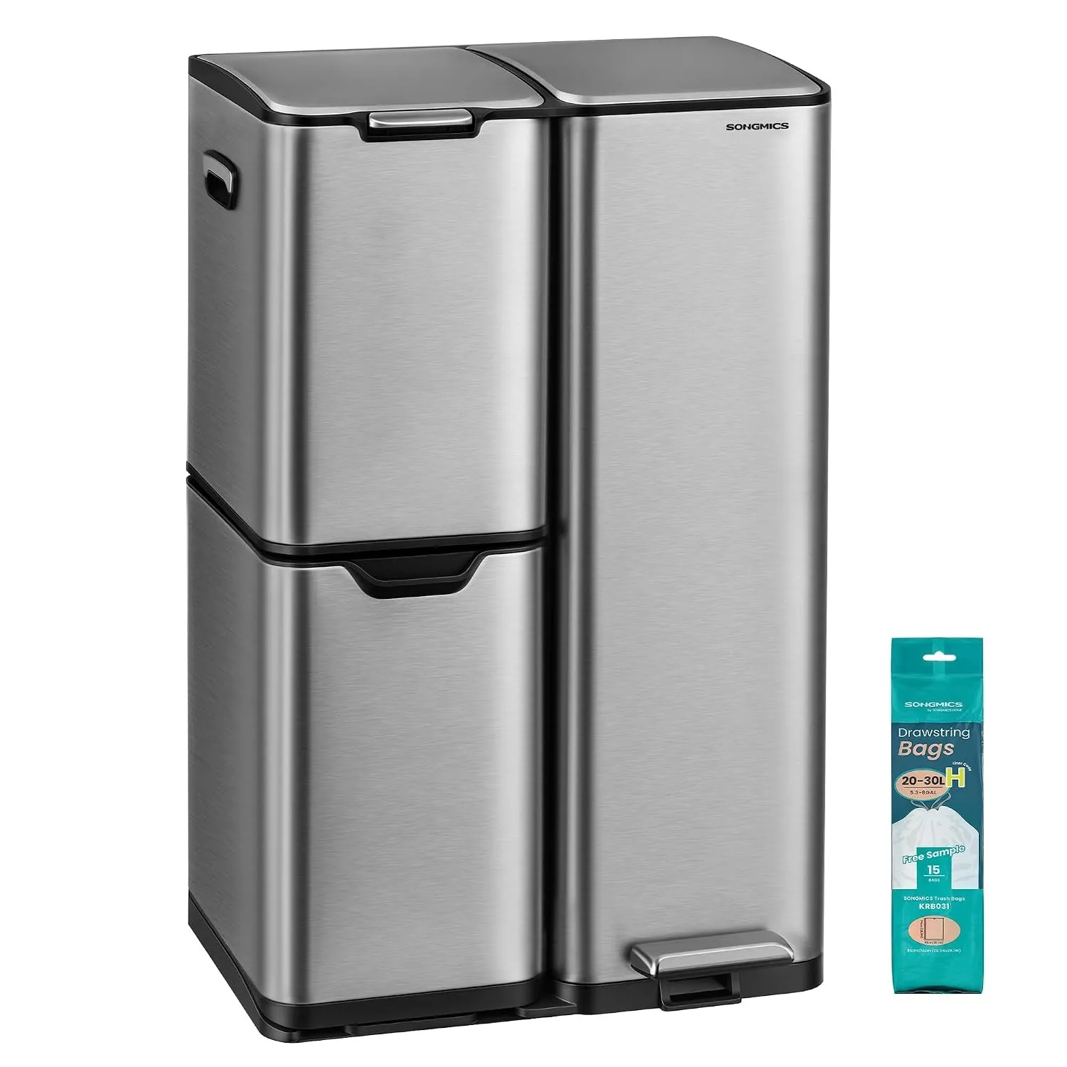SONGMICS Mülleimer, Mülltrennsystem mit Deckel, 3 Fächer, 60 L