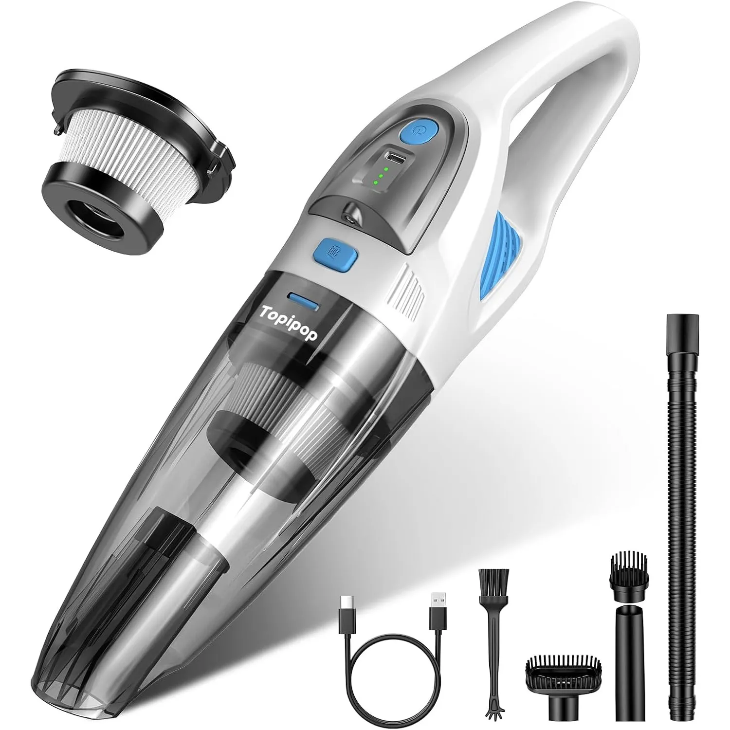 Topipop Handstaubsauger, 25000Pa Handstaubsauger Akku mit waschbarem HEPA Filter & 45 Min. Nutzungsdauer, inkl. LED Lic…