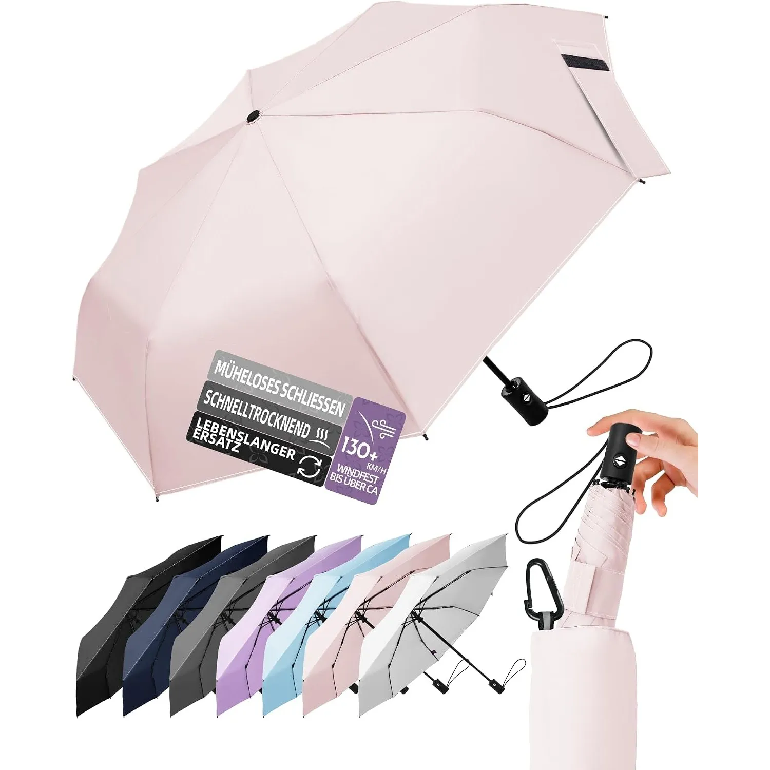 LILAC Regenschirm Klein Stabil Windfest, 110cm Taschenschirm Auf-Zu-Automatik, Kompakter Reiseschirm mit Klettverschlus…