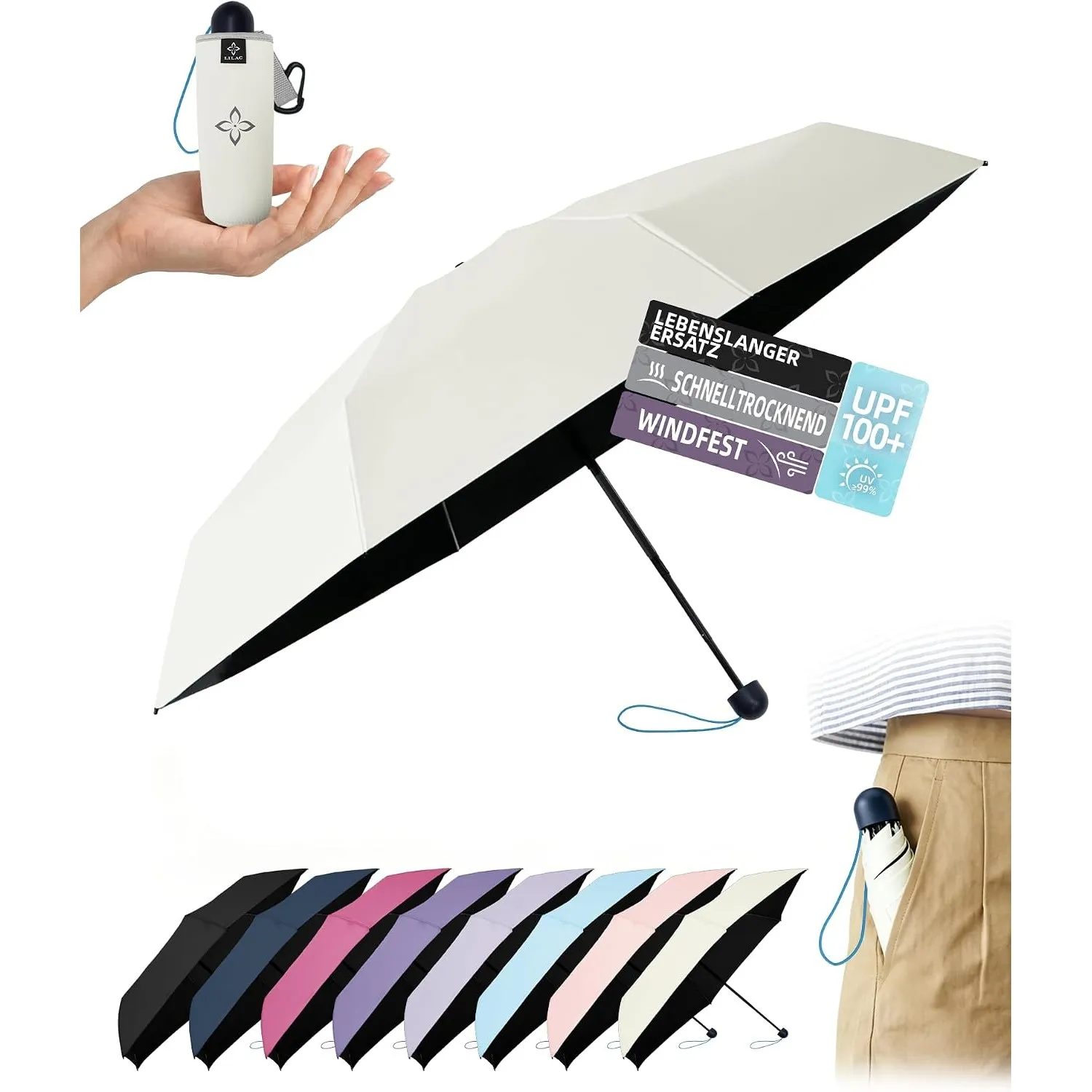 LILAC Mini Reise-Regenschirm, Kühlender UV-Schutz, leicht & kompakt