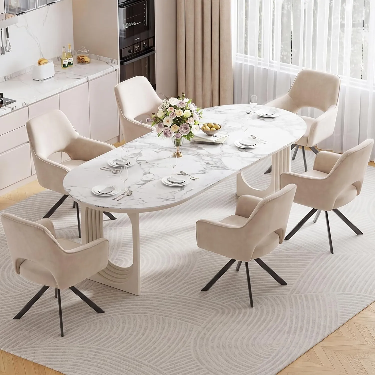 6er Set Esszimmerstühle Drehbar mit Armlehne, 360°Drehbar Polsterstuhl Küchenstuhl aus Samt, Stühle Esszimmer mit Metal…
