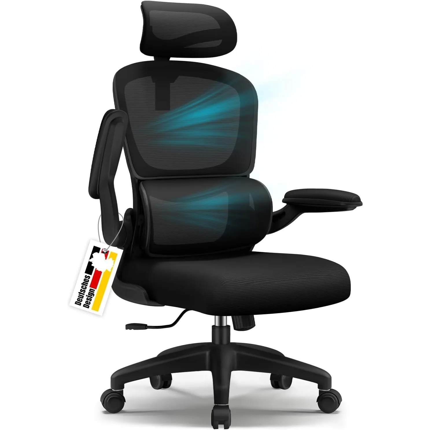 Bürostuhl, Bürostuhl Ergonomisch, Schreibtischstuhl mit Segmentierter Rückenlehne, Adaptiver Lendenstütze und 90°klappb…