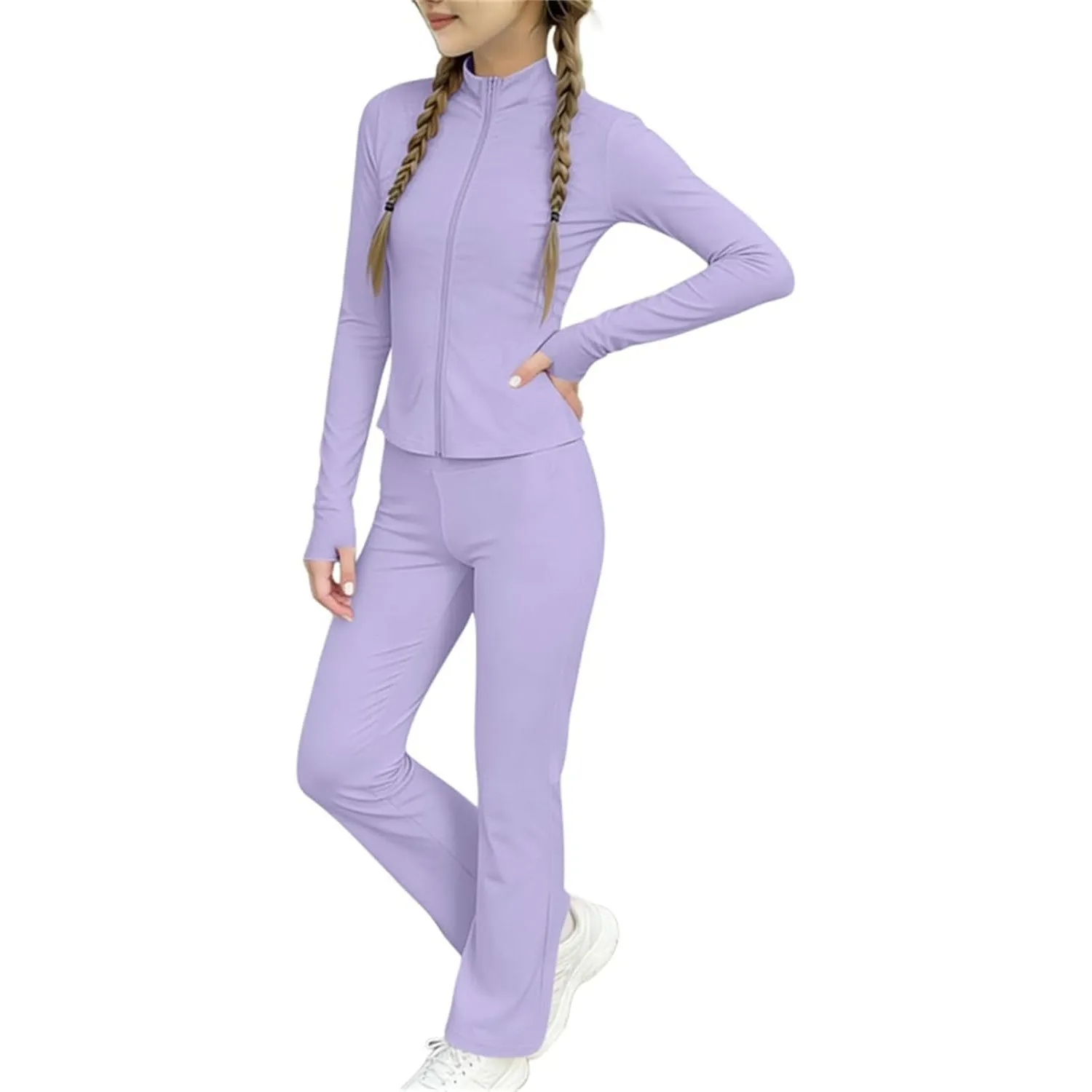 Yoga Bekleidungssets für Mädchen Modisch Sportanzug Set Langarm Jogginganzug mit Reißverschluss Daumenloch Kinder Somme…
