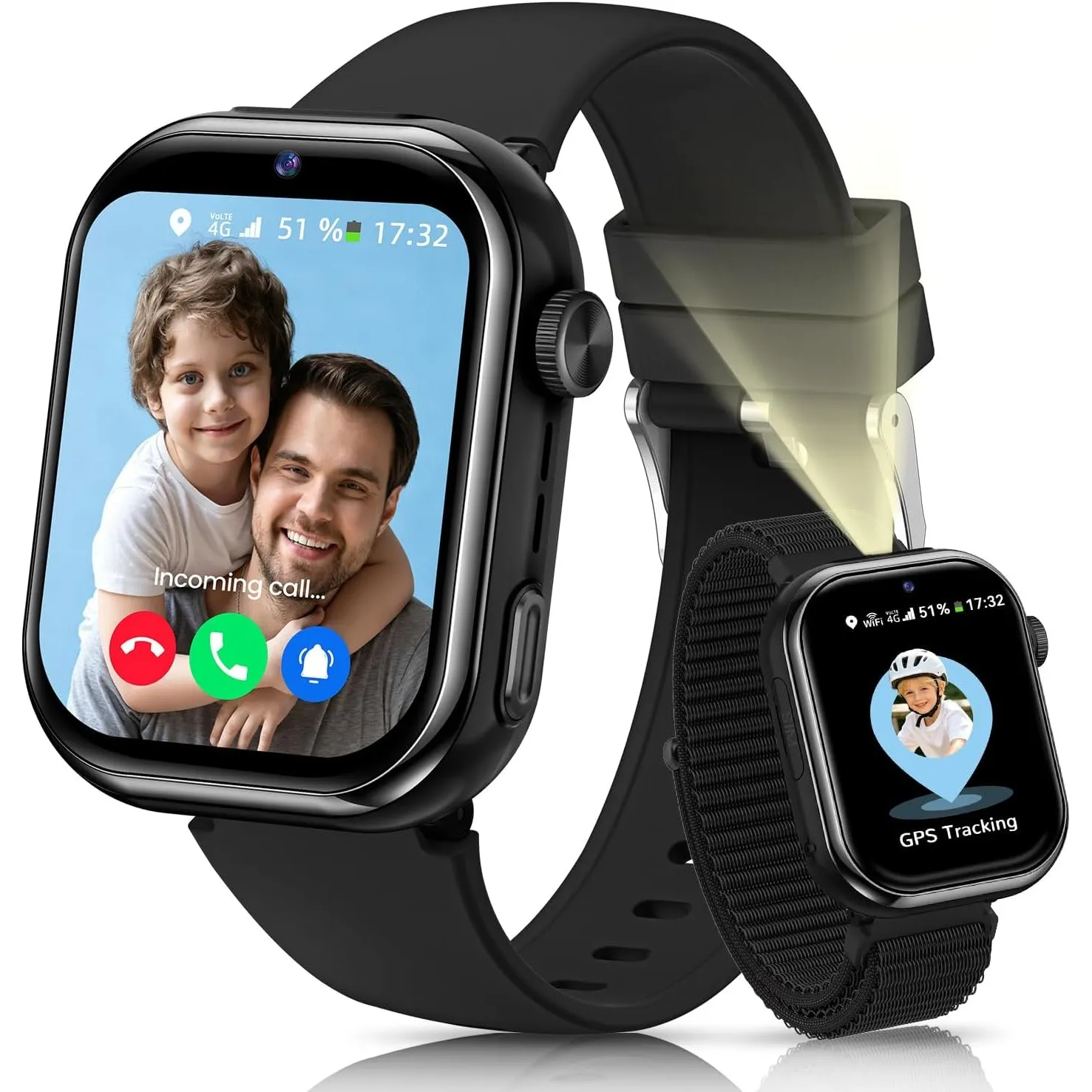 Smartwatch Kinder mit GPS und Telefon, SIM, Videoanrufe, SOS, Schwarz | Telefonanruf, Taschenlampe, Sprachchat, Schulmo…