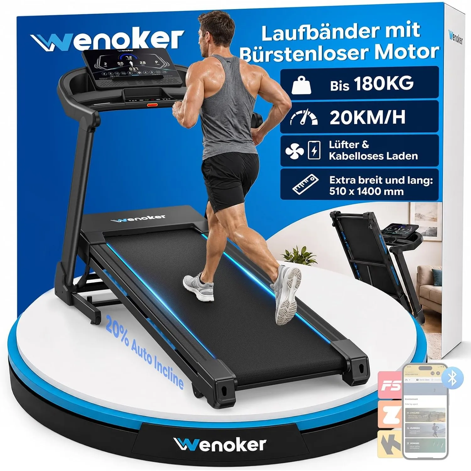 Wenoker Hochbelastbar Laufband klappbar Bürstenloser Motor 4,0-PS
