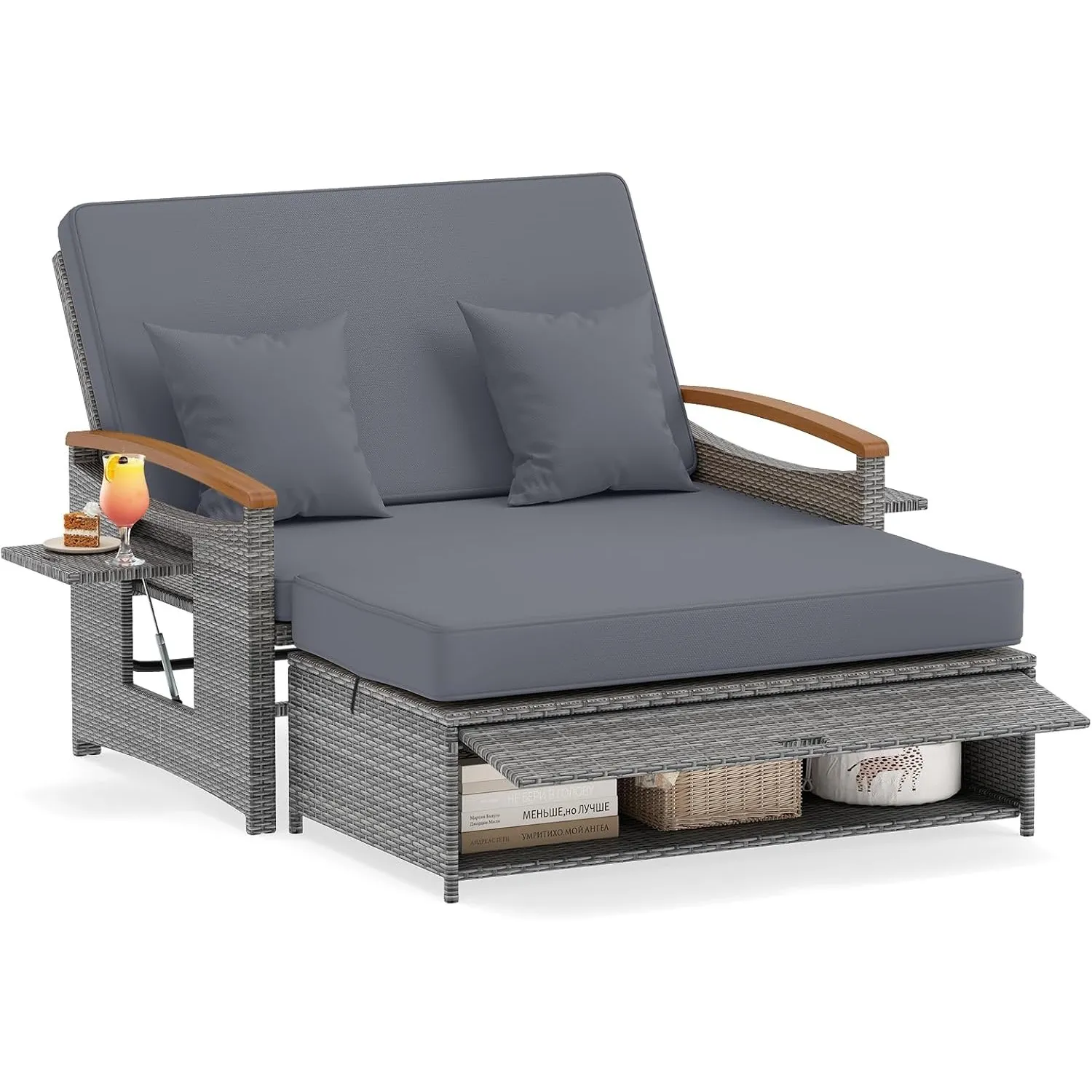 COSTWAY Polyrattan Sonnenliege, Gartenliege mit Verstellbarer Rückenlehne & ausklappbarem Seitenablage, Loungebett, Dop…