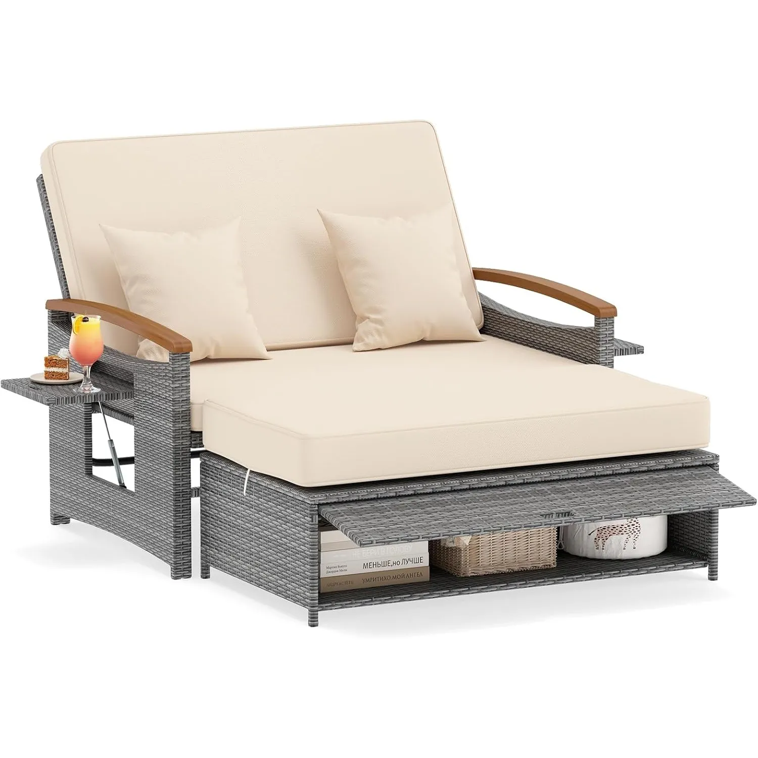 COSTWAY Rattan Lounge Sofa, Lounge Möbel Outdoor, Gartensofa mit Liegefunktion, 2-Sitzer Gartenlounge mit Kissen & Seit…